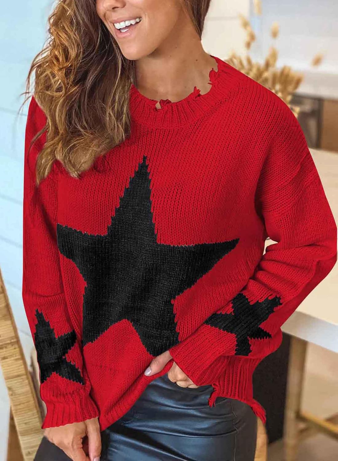 Women Sweater Fall Star Pullover Long Sleeve Crewneck Casual Cute Sweaters Tops - Image 2