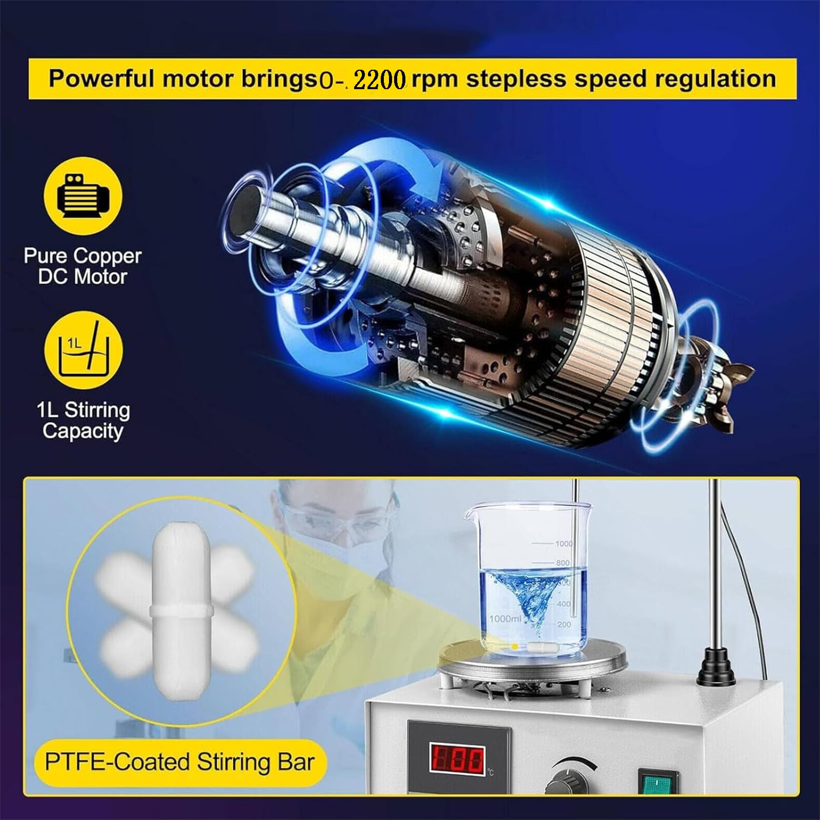 Agitador Magnético De Temperatura Constante con Pantalla Digital De 1000 Ml, Agitador Magnético De Placa Caliente, Velocidad: 0-2200rpm, Temperatura Máxima: 99,9 ° C, para Investigación