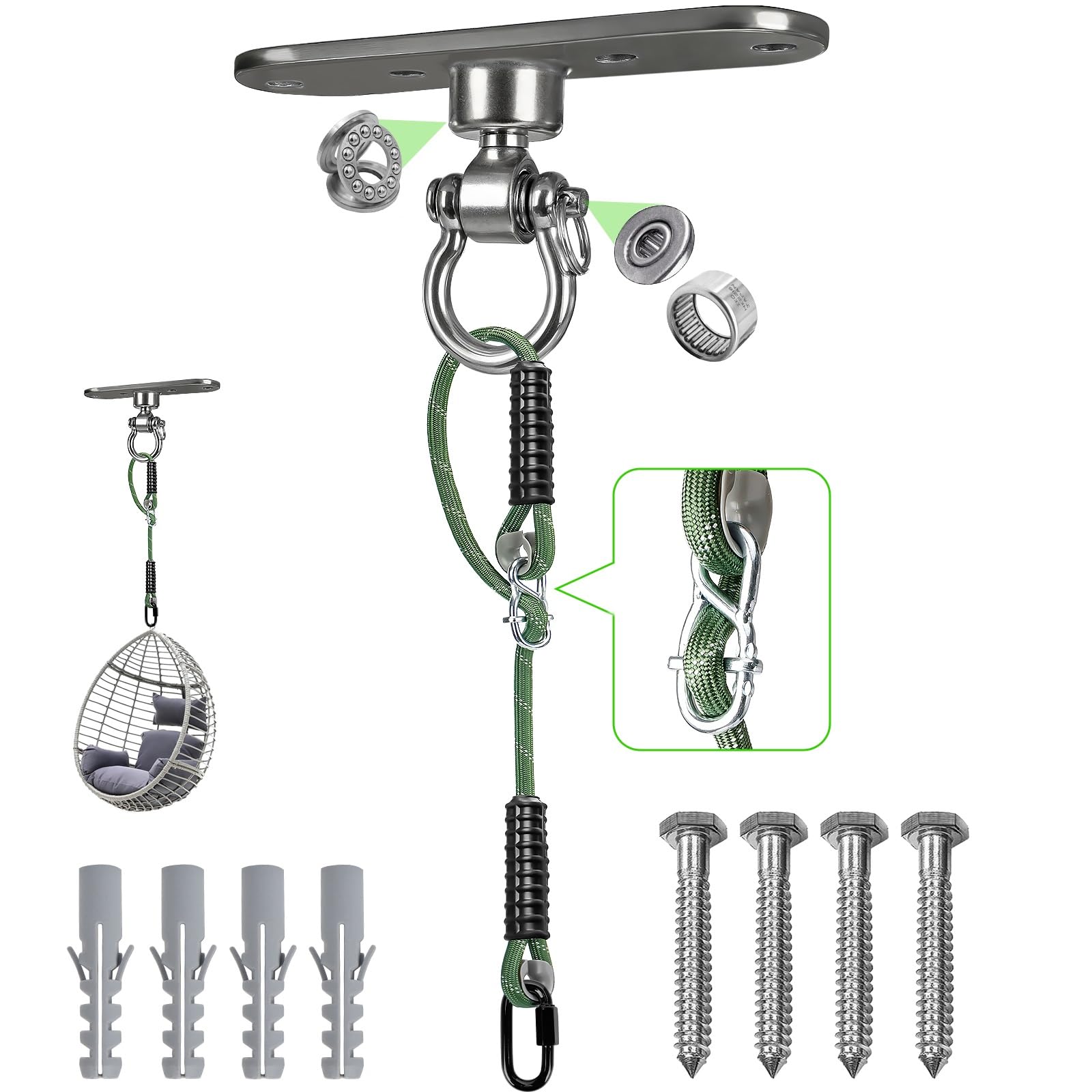 Gancho de techo de 1 m, cuerda de fijación con ajustable, capacidad de carga de 270 kg, acero inoxidable, giratorio 360°, gancho para sillón colgante con almacenamiento, para hamacas