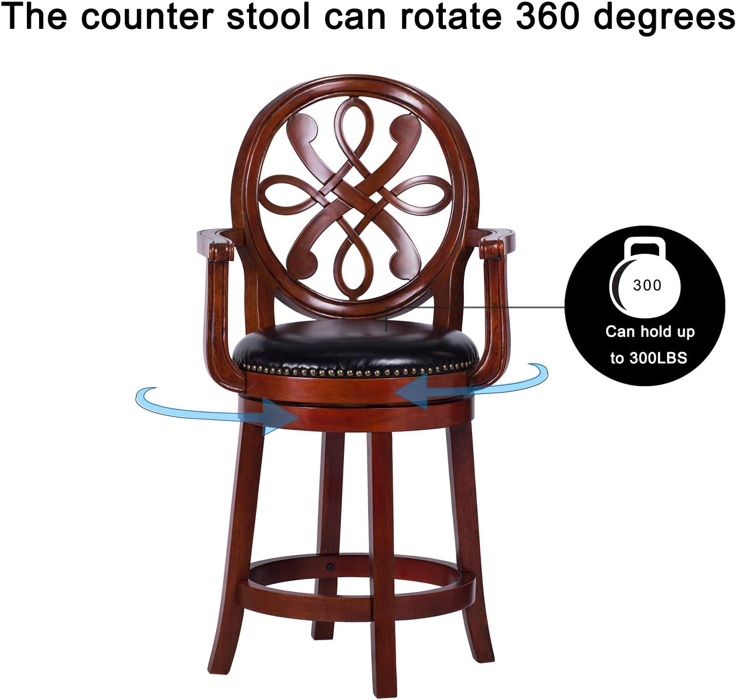 Crystal Bar Stools Counter Height with Arms -Swivel Bar Stools with Back -26 Inch Height Wooden Bar Chair,Perfct for Kitchen and Dining and Living Room (Classical Cherry, 26")