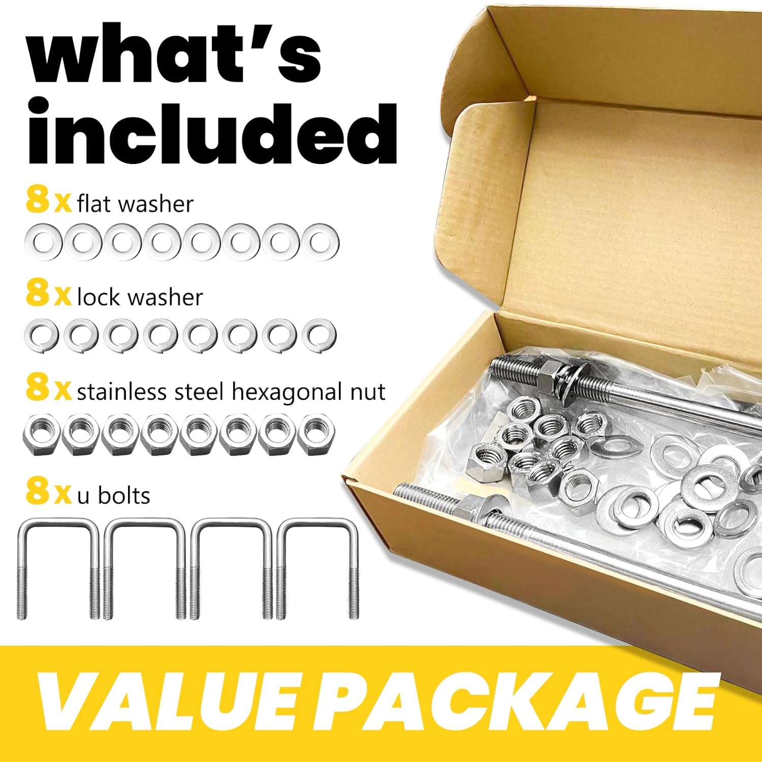 4 Pcs 304 Stainless Steel Square U-Bolts with Washers & Nuts, 1/2"-13 Thread, 1/2"D x 3-1/16"W x 4-5/16"L Trailer U Bolts Marine Kit for Replacement Parts Automobiles Boat