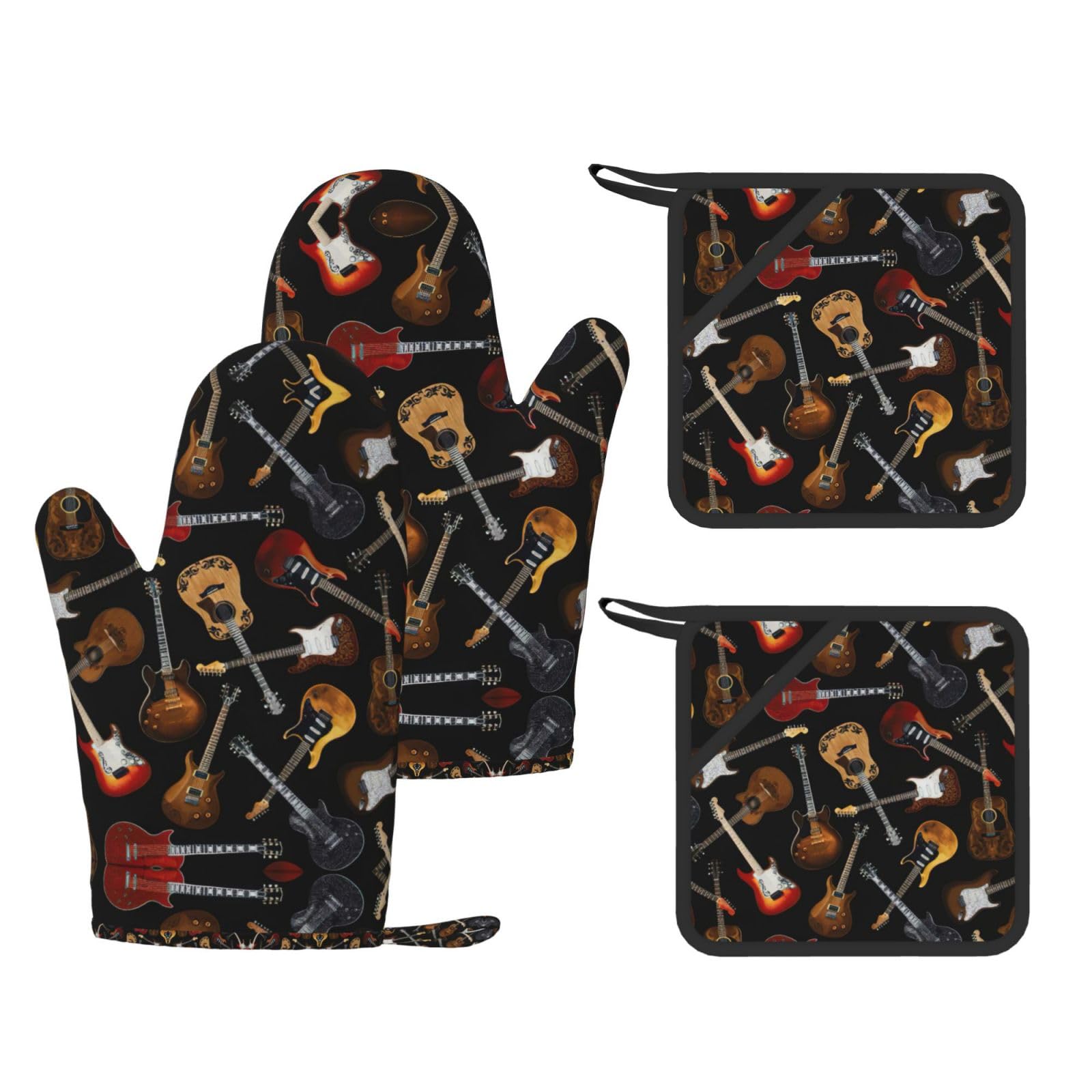 Guitars Printed Oven Mitts and Pot Holders Set of 4, Heat Resistant Silicone Gloves for Baking Grilling