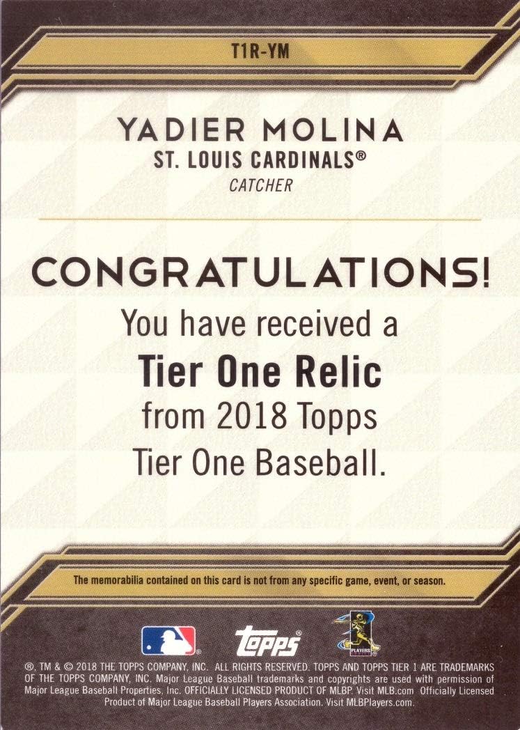2018 Topps Tier One Relics #T1R-YM Yadier Molina Game Worn Cardinals Jersey Baseball Card - Only 335 made!
