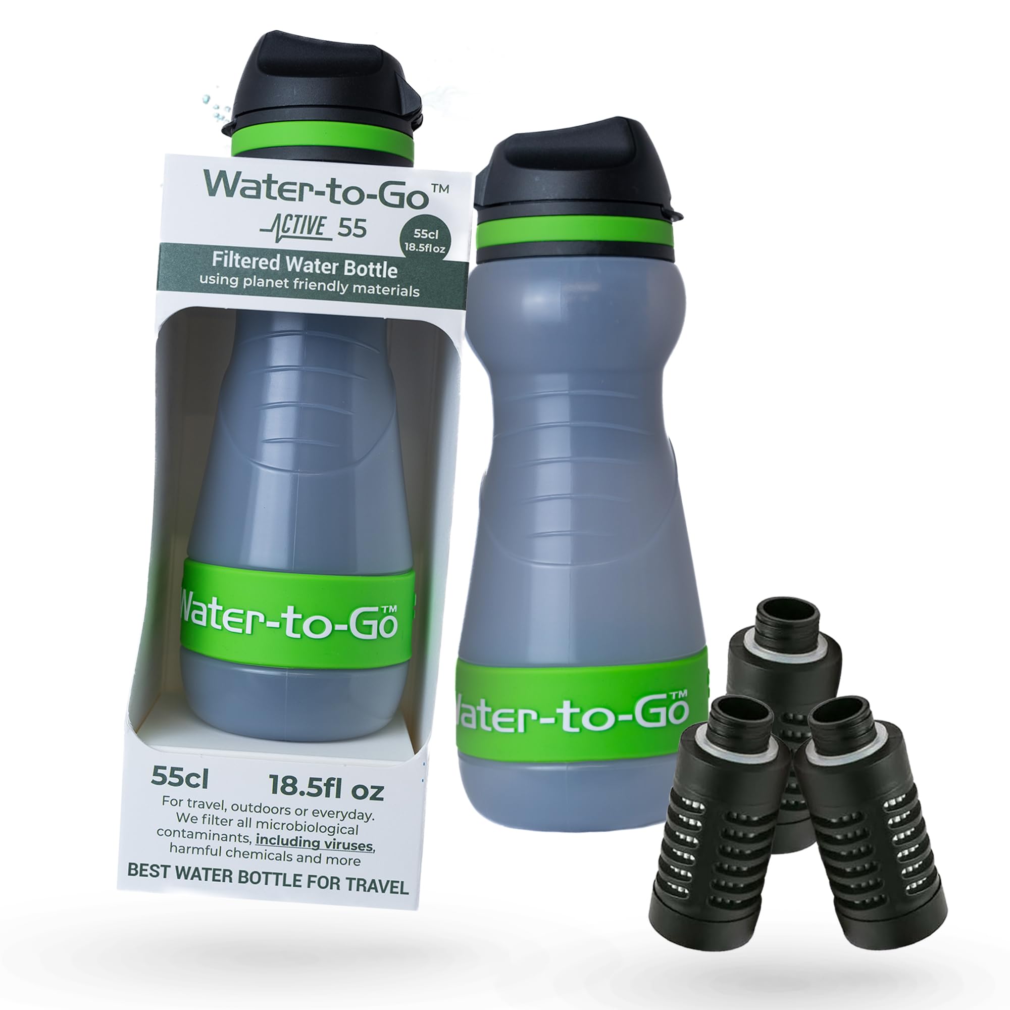 Botella de agua filtrada pequeña (55 cl) con tres filtros, botella de agua de nanofiltración con filtro para viajes, bioplástico sin BPA, color verde