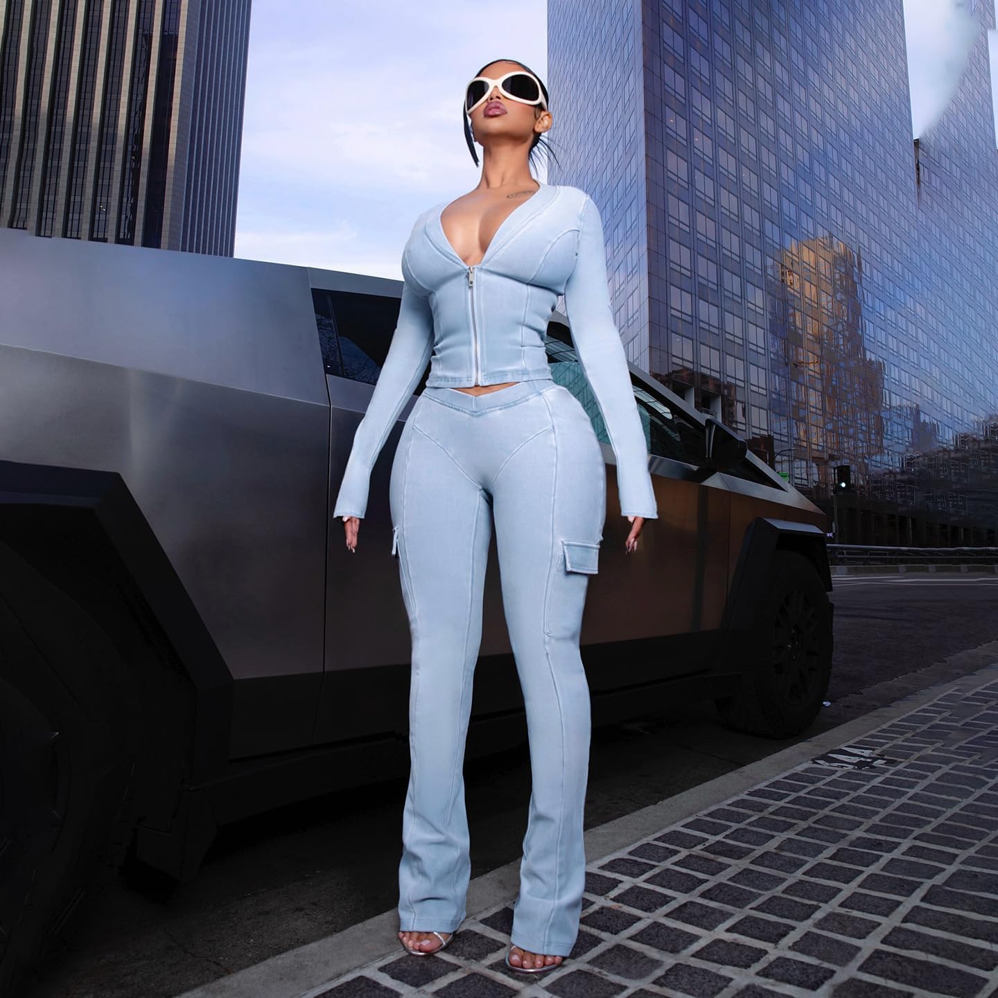 Molilove Women's 2 Piece Outfits Long Sleeve Sweatsuit Zipper Crop Jacket Bodycon Pants Tracksuit Going Out Streetwear - Image 5