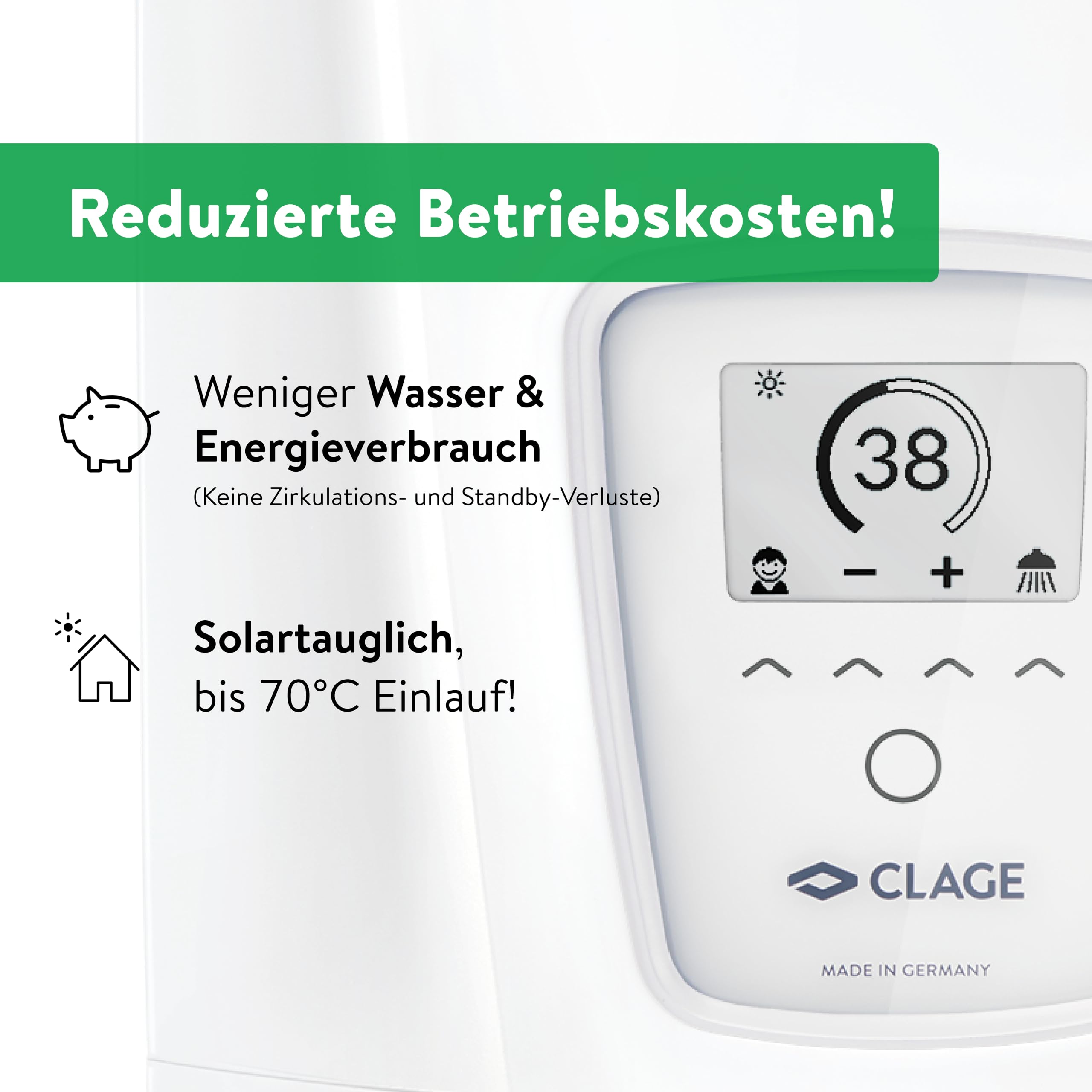 CLAGE DEX Next S vollelektronischer Durchlauferhitzer 18–27 kW, ECO-Modus | Vollelektronisch geregelt, gradgenau 20–60°C, E-Paper-Display, BT-Fernbedienung, TWIN TEMPERATURE Control, VDE-GS, 3200-36450