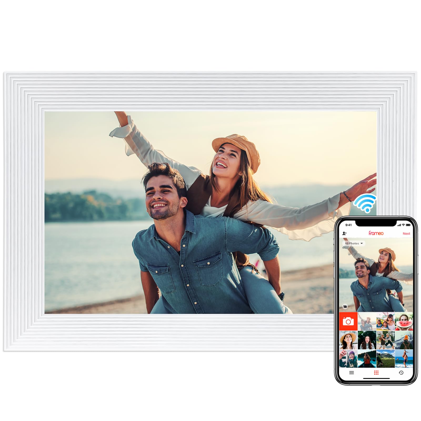 Frameo WLAN Digitaler Bilderrahmen 10.1 Zoll 1280x800 Touchscreen 16 GB Speicher Automatische Drehung Wandmontage weiß