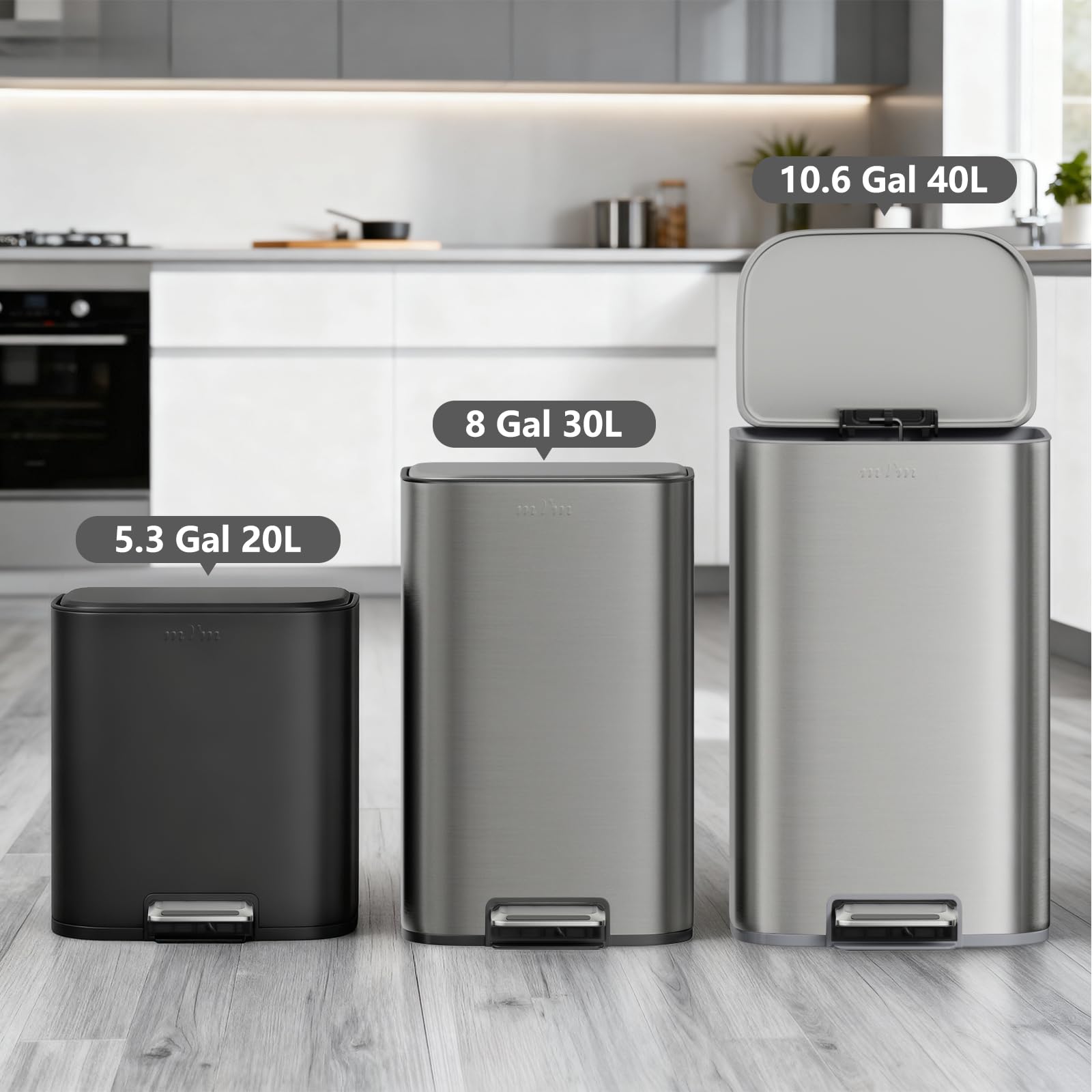 mVm Papelera de Cocina con Pedal 40L, Cubo de Basura Gris, Acero Inoxidable Antihuellas, Tapa Amortiguada Cierre Suave, con Cubo Interior Extraíble, para Cocina Oficina Baño