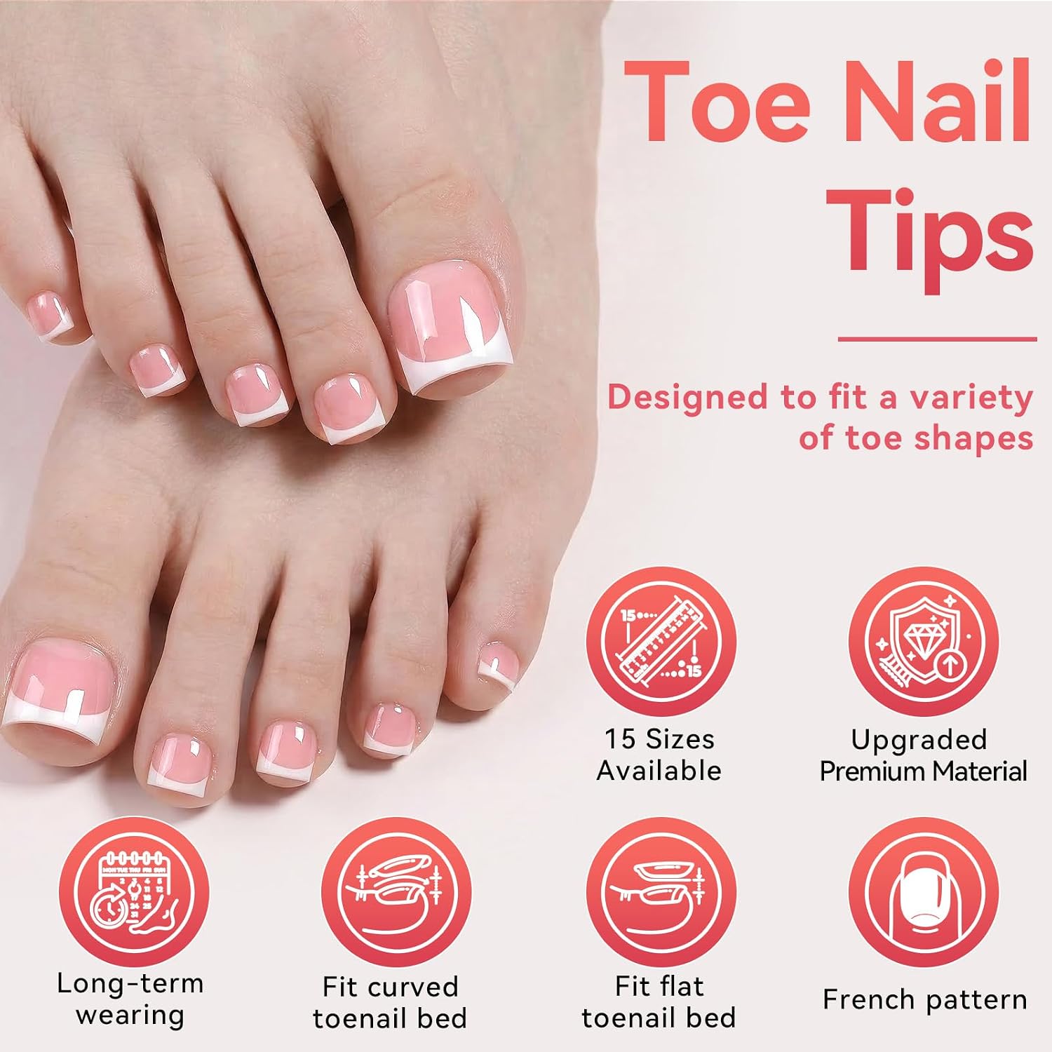 150pcs Toe Nail Press Ons, False Toenail Extension, 15 Sizes French Tip Toenails, Fake Toe Nails for Women Nail Art DIY