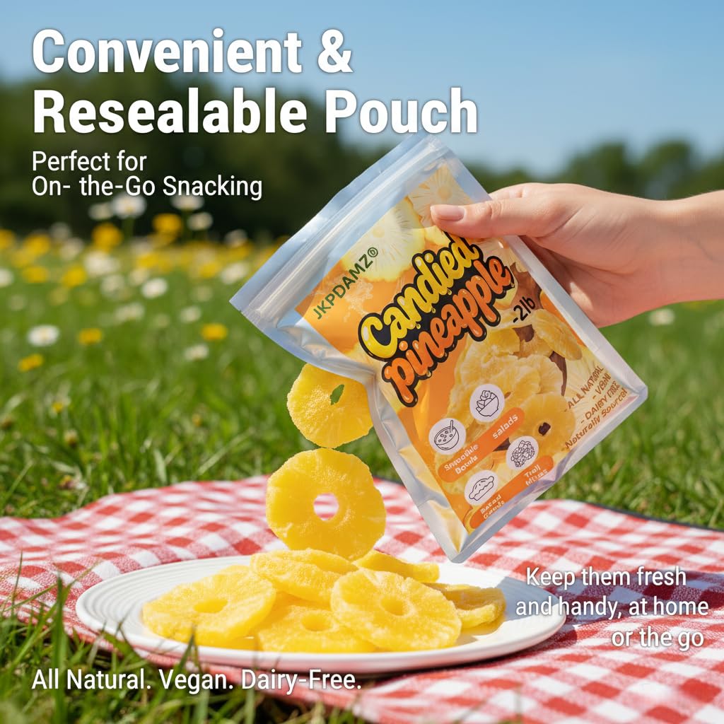 2 Pounds Candied Pineapple Rings, Dried Pineapple Slices, Sweet and Sour, All Natural Vegan Dairy Free