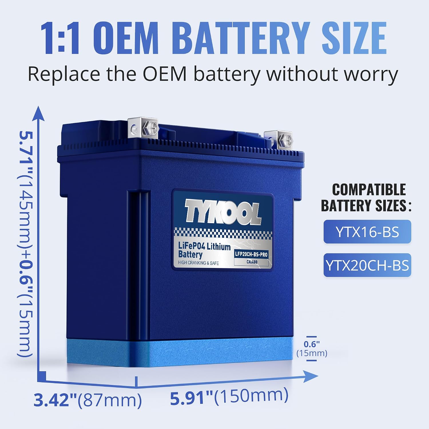 TYKOOL YTX20CH-BS Lithium LiFePO4 Motorcycle Battery, 12V 8Ah, 480CCA, Built in BMS, Powersports Battery,for ATV,UTV,Jet Skis, Snowmobiles