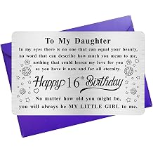 Daughter 16th Birthday Cards for Her Girl, Sweet Metal Wallet Card | Credit Card Size, 16 Year Old Girl, From Mom or Dad to Daughter, Wallet Insert, Engraved Message