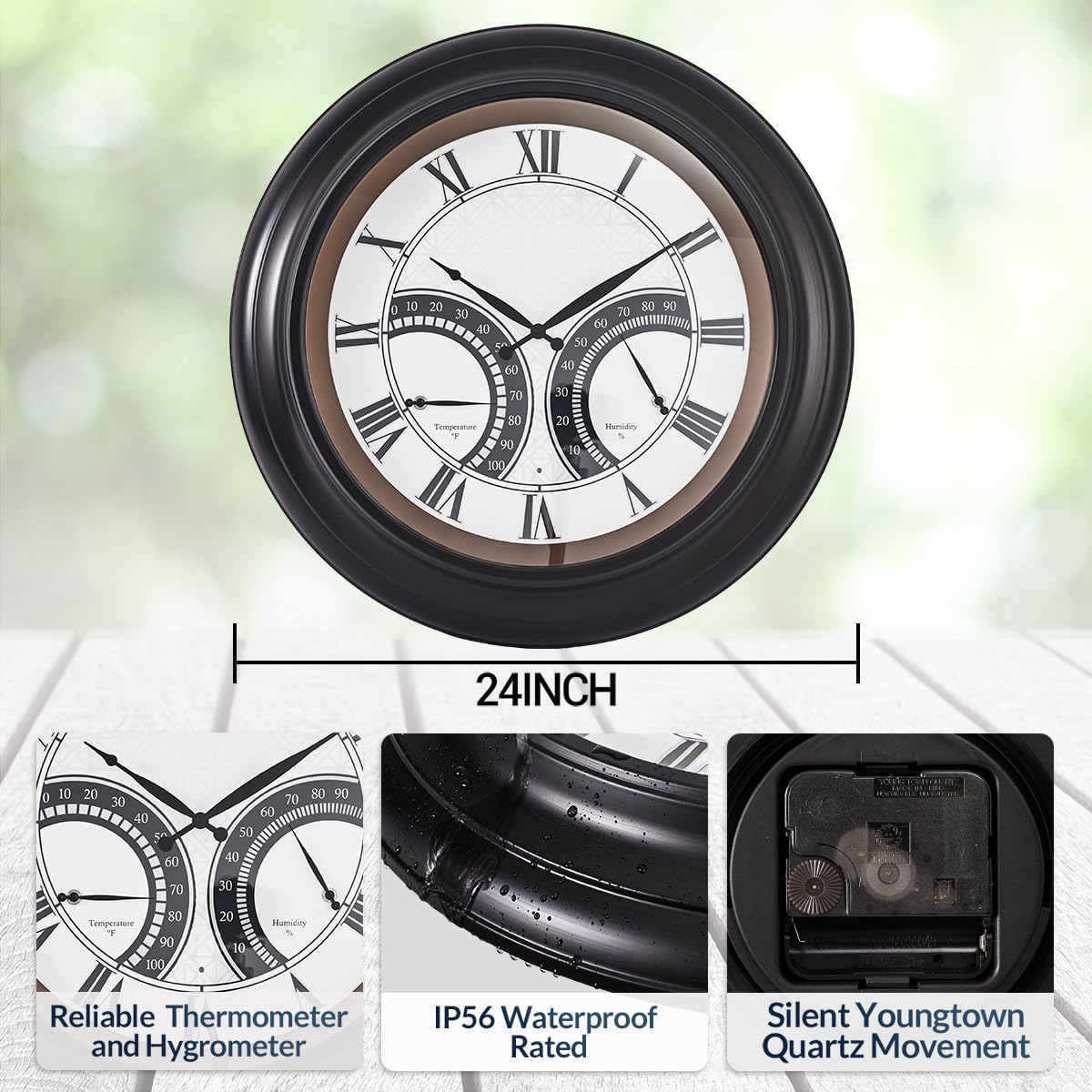ANDY STAR 24 Inch Outdoor Clocks Waterproof,Large Outdoor Wall Clocks for Patio with Thermometer, Weatherproof Illuminated Clock Battery Operated with Thermometer&Hygrometer,Oil Rubbed Bronze Black