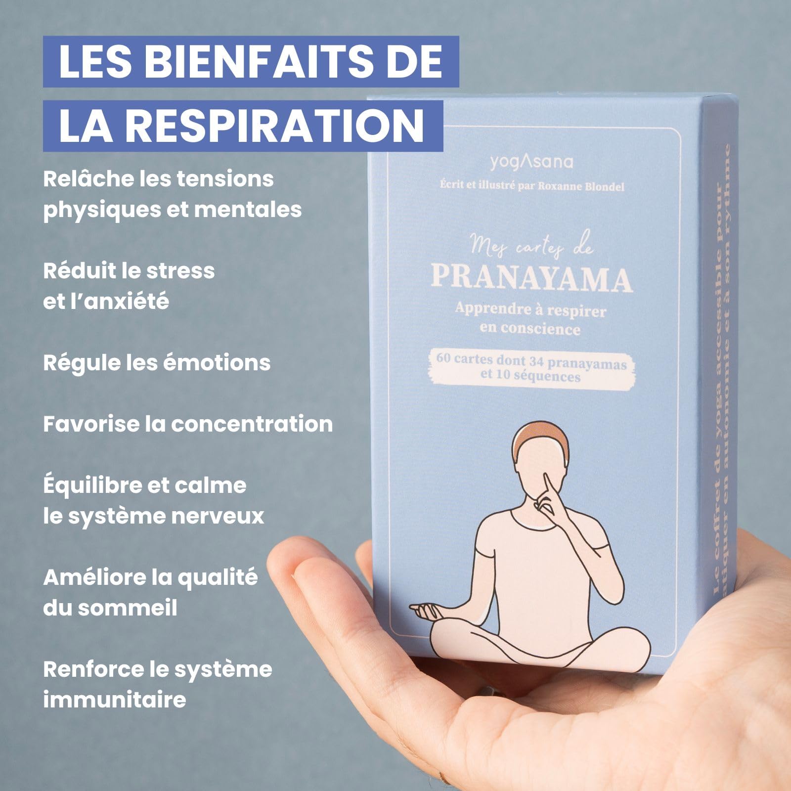 Yogasana jeu de carte français Pranayama - 60 cartes – Apprenez à respirer en conscience – Créez votre routine personnalisée - Illustrations de postures – Coffret ludique & accessible pour tous niveau