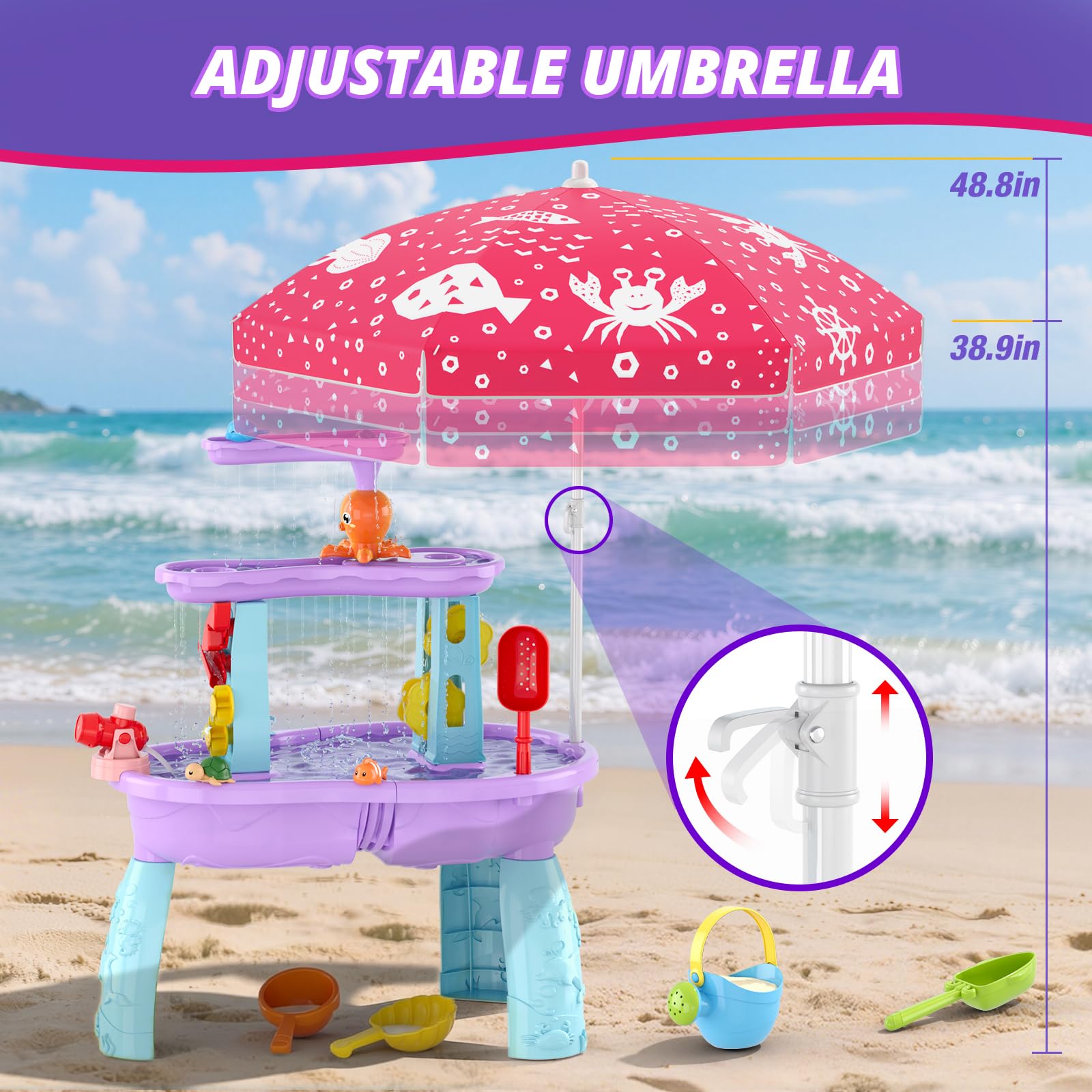 Wee Wonders 3-Tier Water Table for Toddlers, Kids Sand Water Table with Adjustable Umbrella, Sand Toys & Fishing Game, Sensory Table Activity Playset for Outdoor Beach, Summer Toys for Girls Boys 3-5 - 4