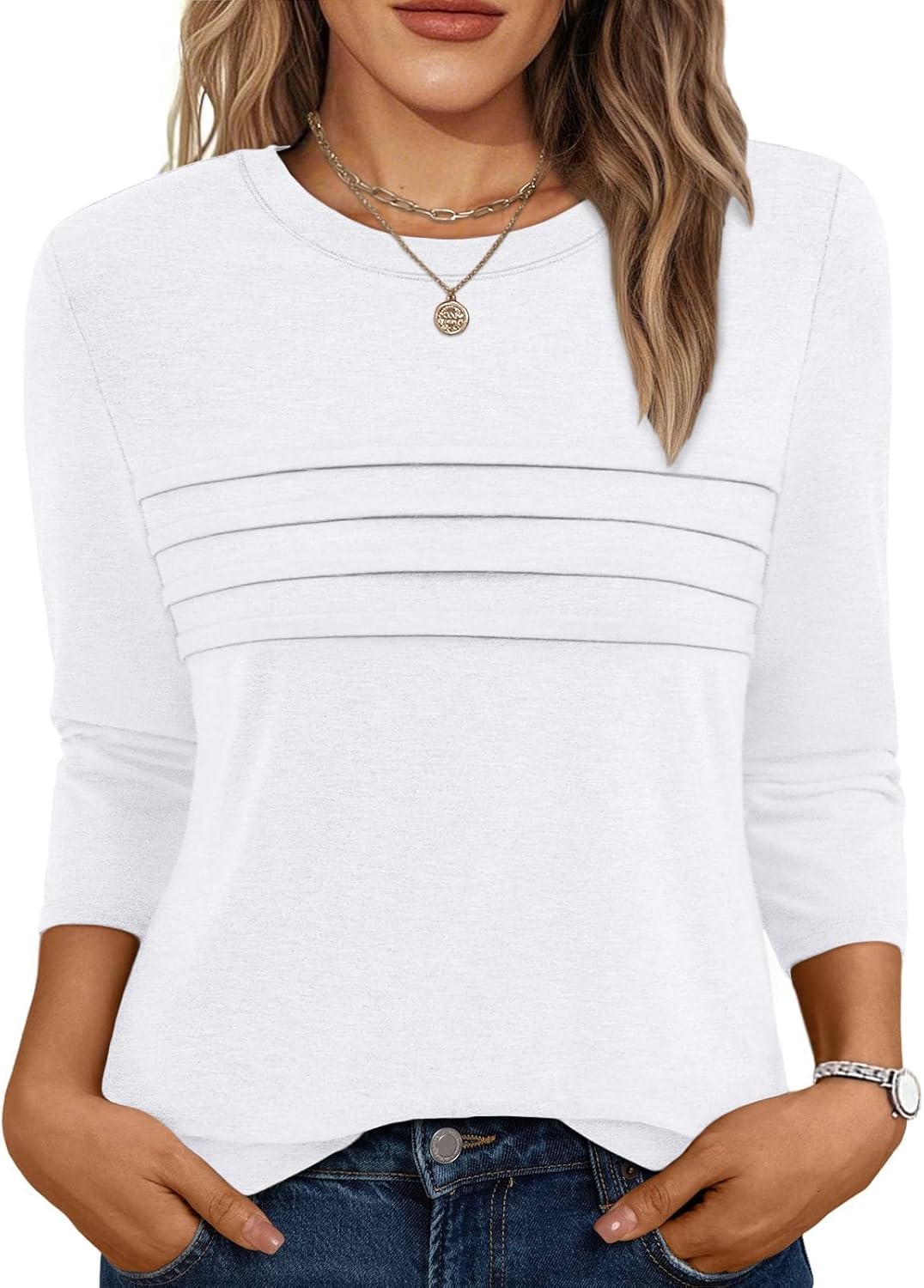 AUTOMET Women's 3/4 Length Sleeve Tops Crew Neck Casual Tunics Dressy Pleated T Shirts Summer Blouses 2026