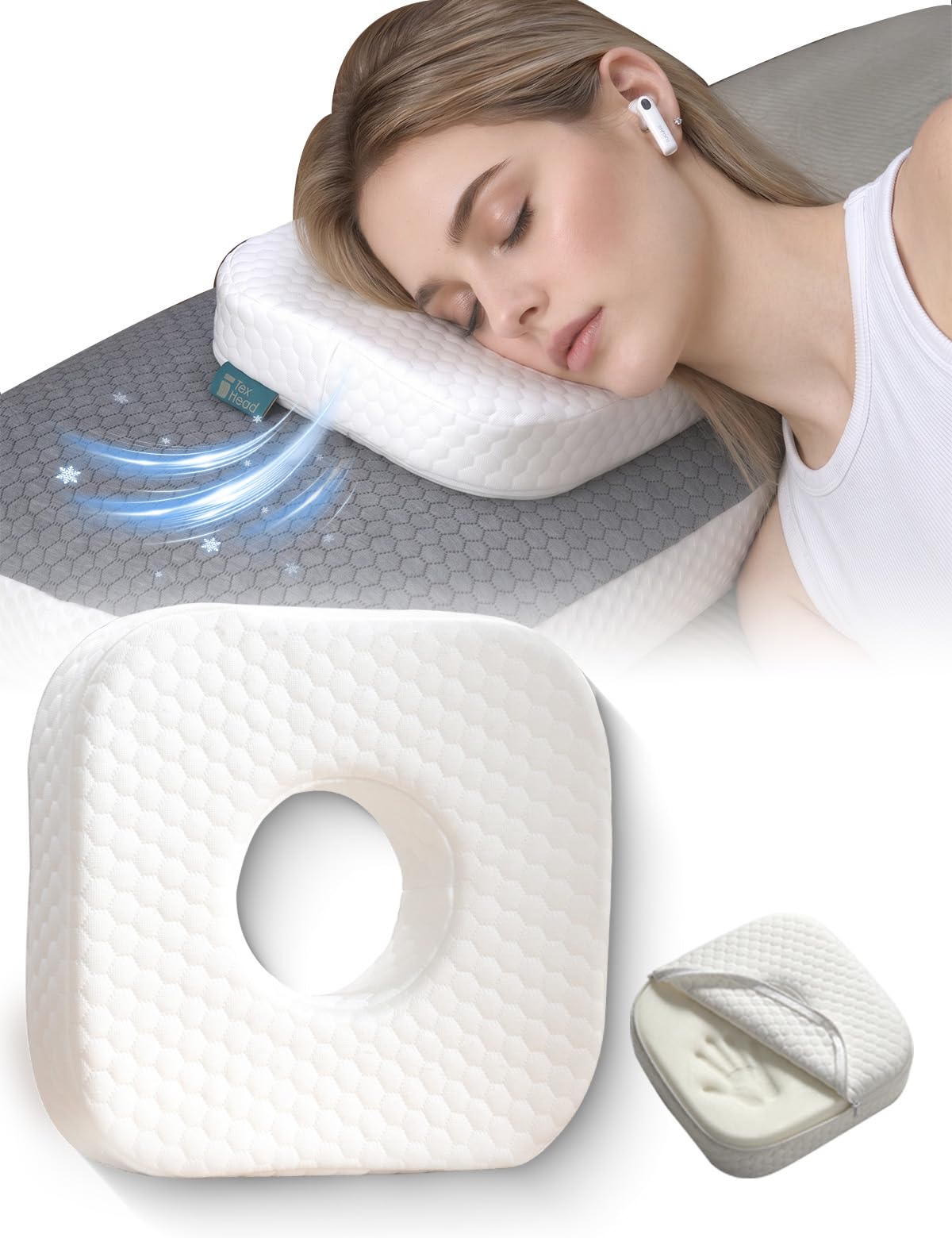 TEXSTEAD Ear Pillow for Side Sleeping, Ear Hole Memory Foam Pillows for Ear Pain, Earring, Square White