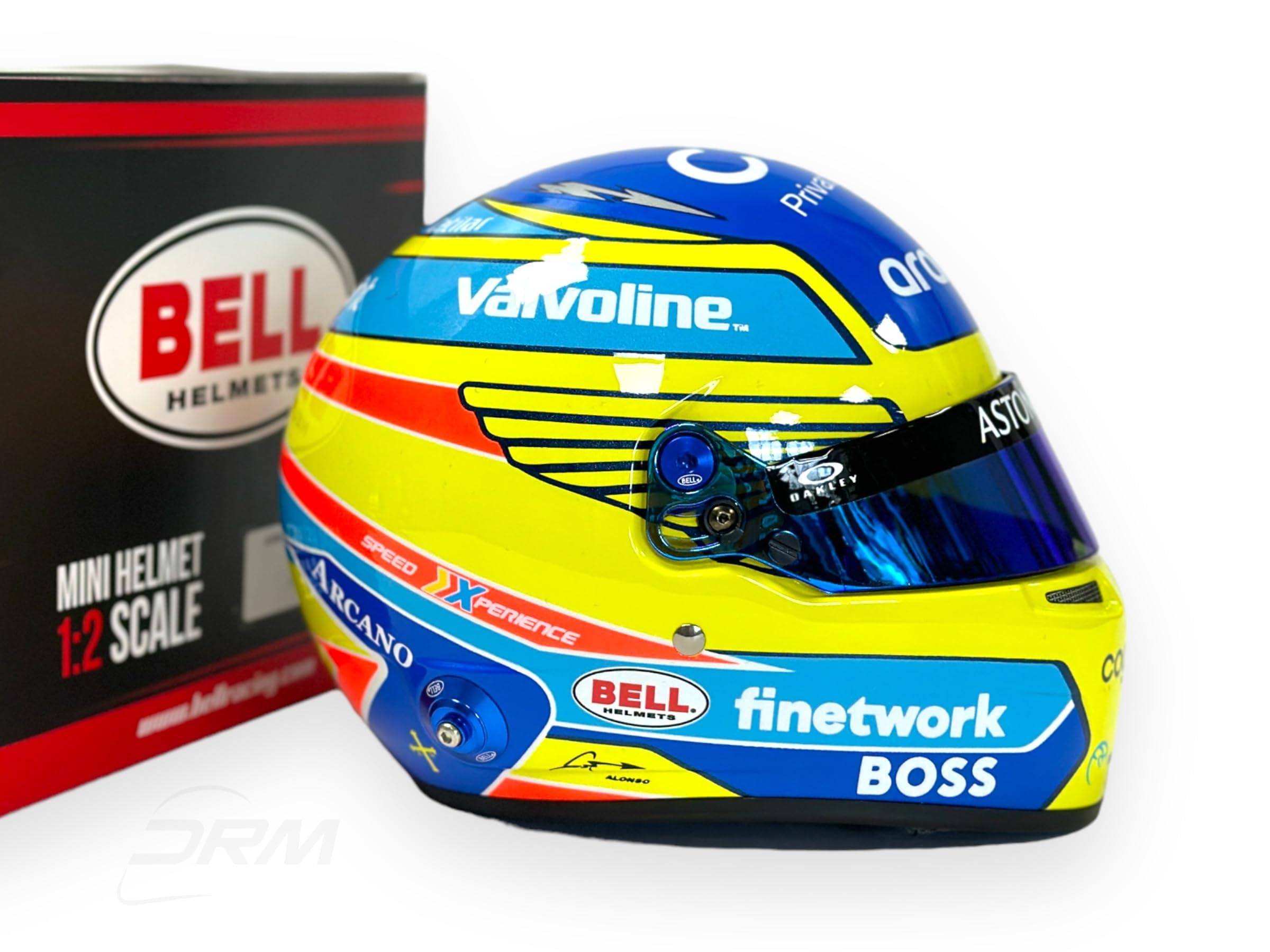 Aston Martin F1 Team - Casco en miniatura a escala 1/2 de Fernando Alonso 2024 - Casco oficial Bell - Azul/Amarillo
