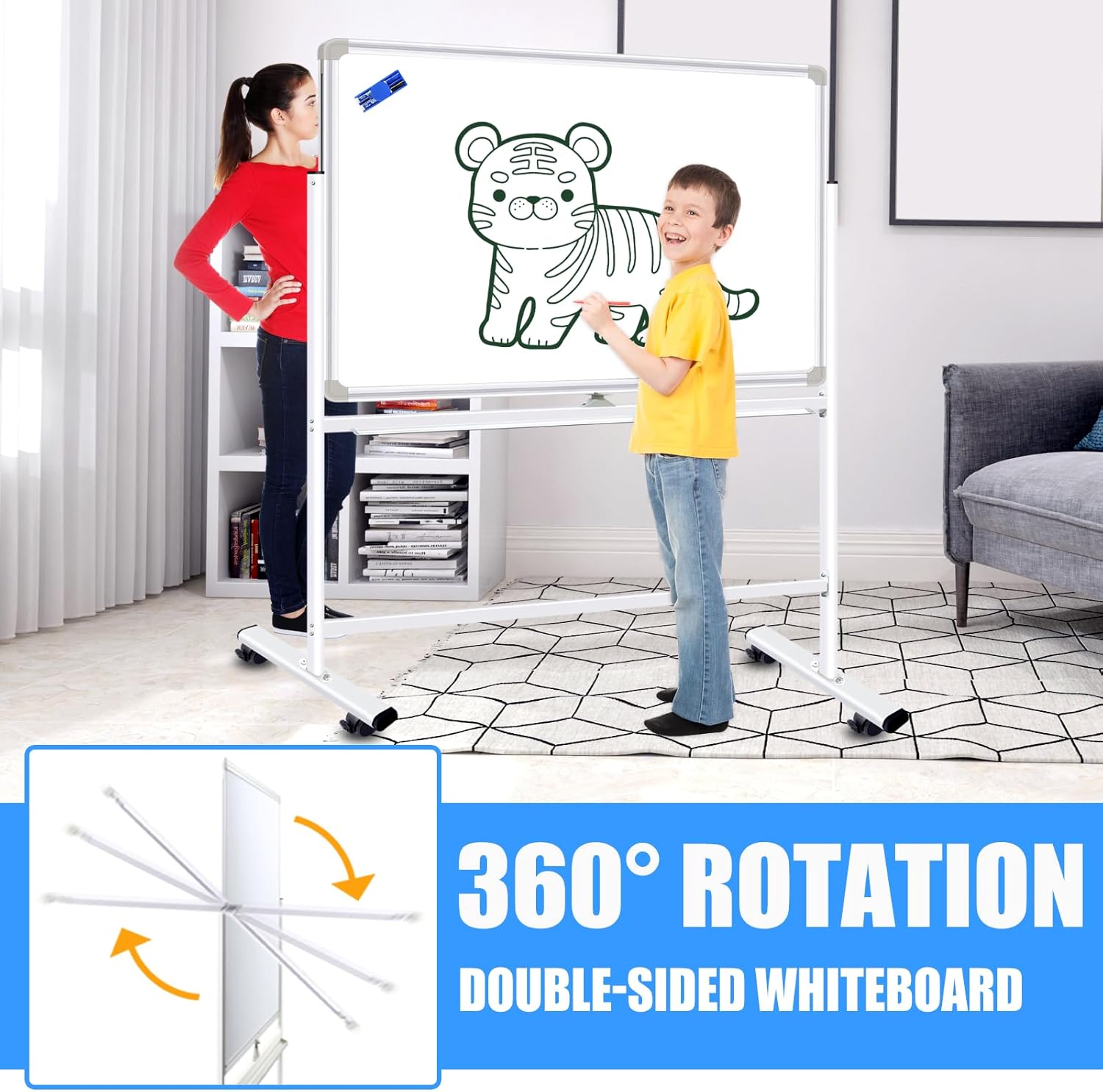 Dry Erase Board with Stand - 36x24 Inches Double-Sided Magnetic Mobile whiteboard on Wheels, Rolling White Board with Stand for Meeting, Training, Whiteboard Easel for Home Office Classroom School