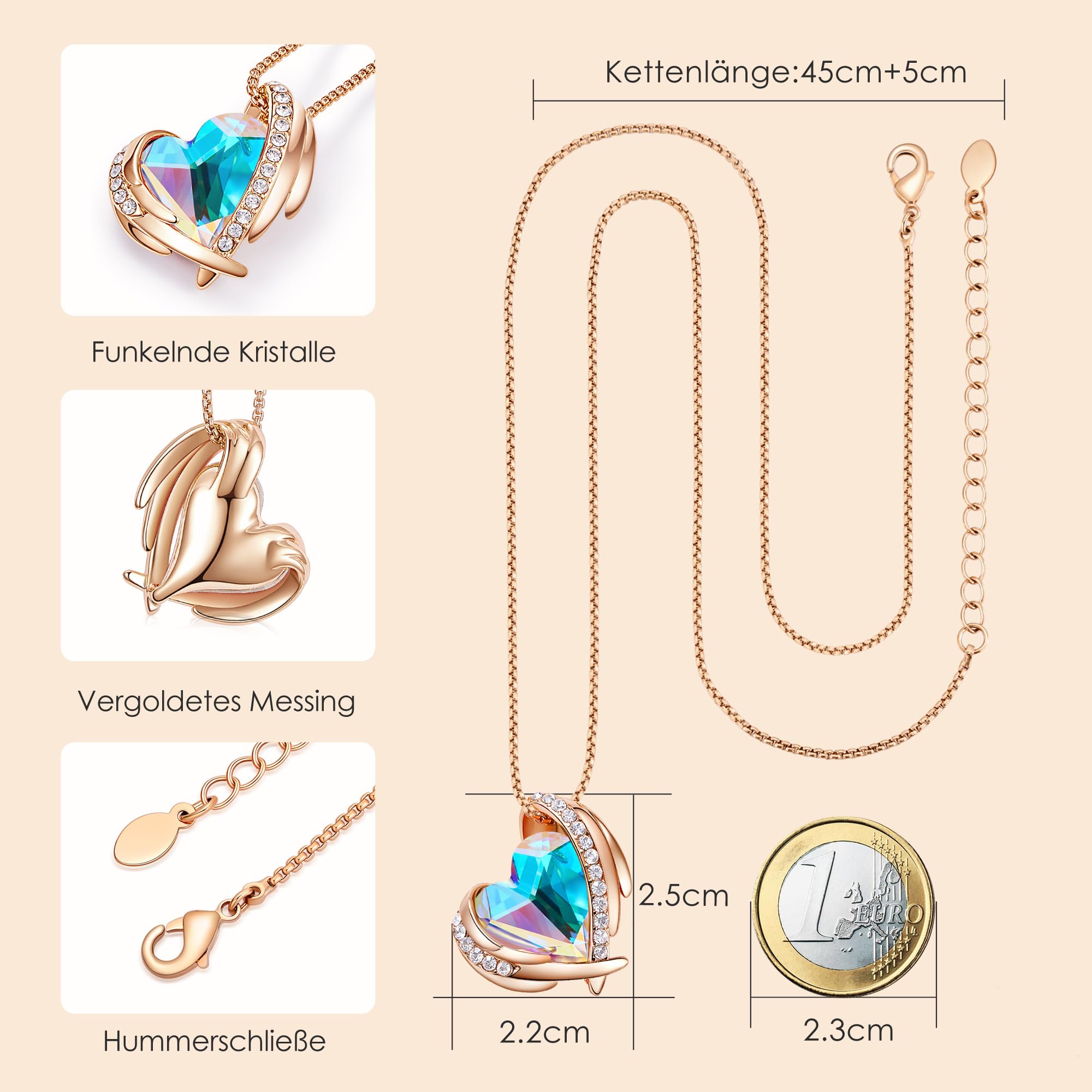 CDE Kette Damen Rosegold Herz Halskette für Frauen Schmuck mit Elegante Geschenkverpackung Weihnachten Geschenk für Sie Frau Freundin Mama Valentinstag/Party/Hochzeitstag/Jubiläum/Geburtstag