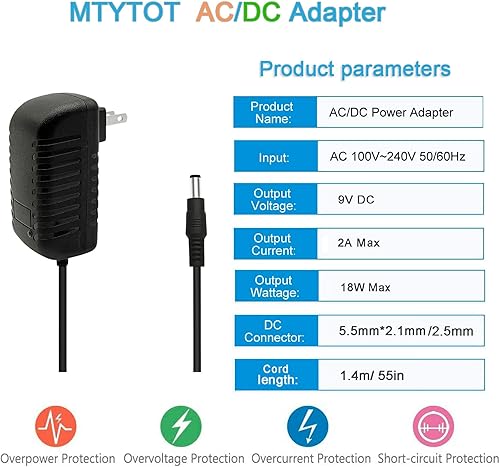 Miniatura 2 de MTYTOT Adaptador de fuente de alimentación 9V 2A AC 110V a DC 9V 2A 1.5A 1A 750mA 0.5A Adaptador de CA Transformador Adaptador de pared 9V Cable de