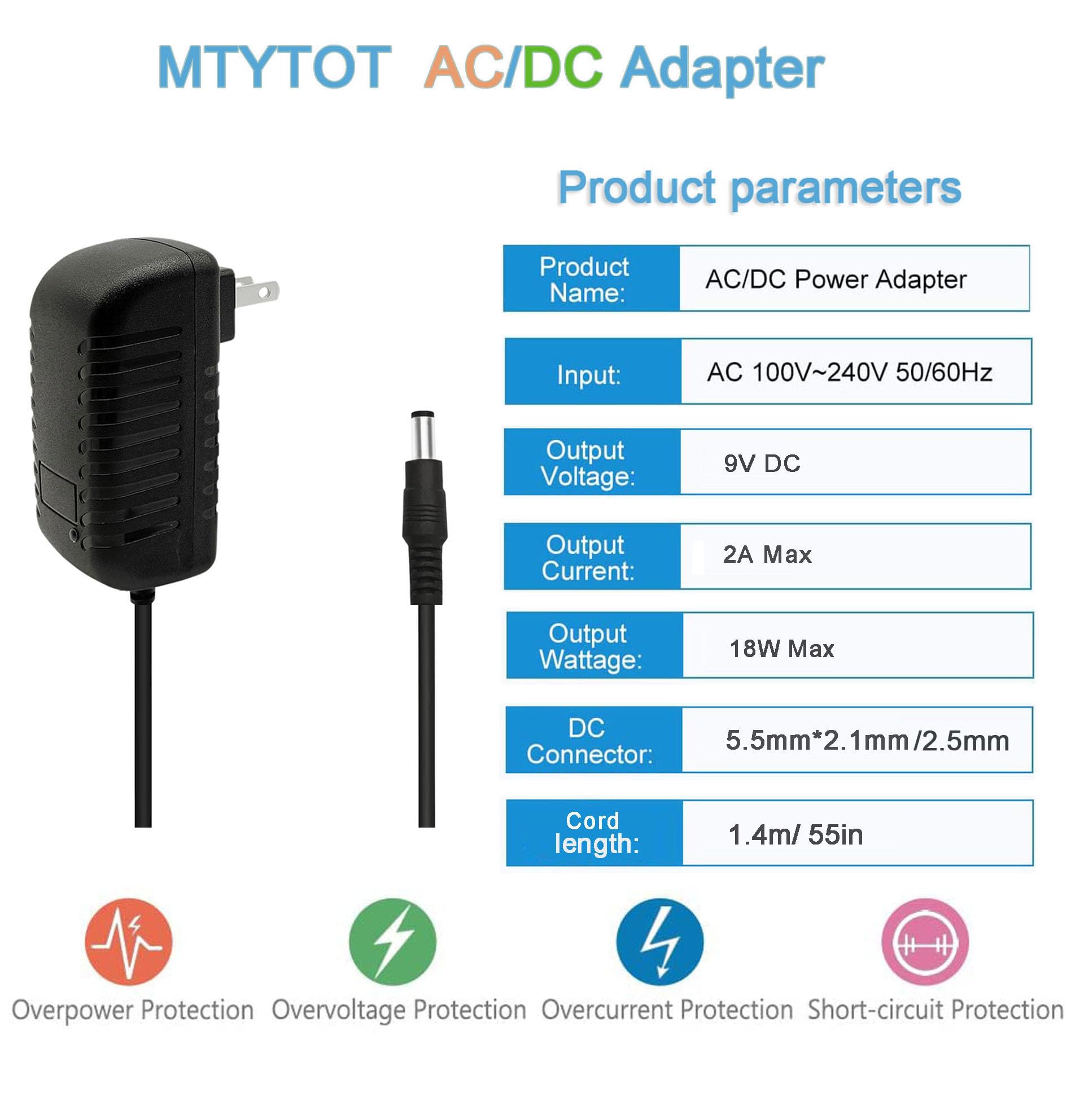 9V 2amp DC Power Supply, 9Volt 2000mA AC/DC Adapter, dc9v 2a Power Cord Adapter Plug 5.5mm x 2.5mm [The Polarity of Output tip: Inner Positive (+), Outer Negative (-)]