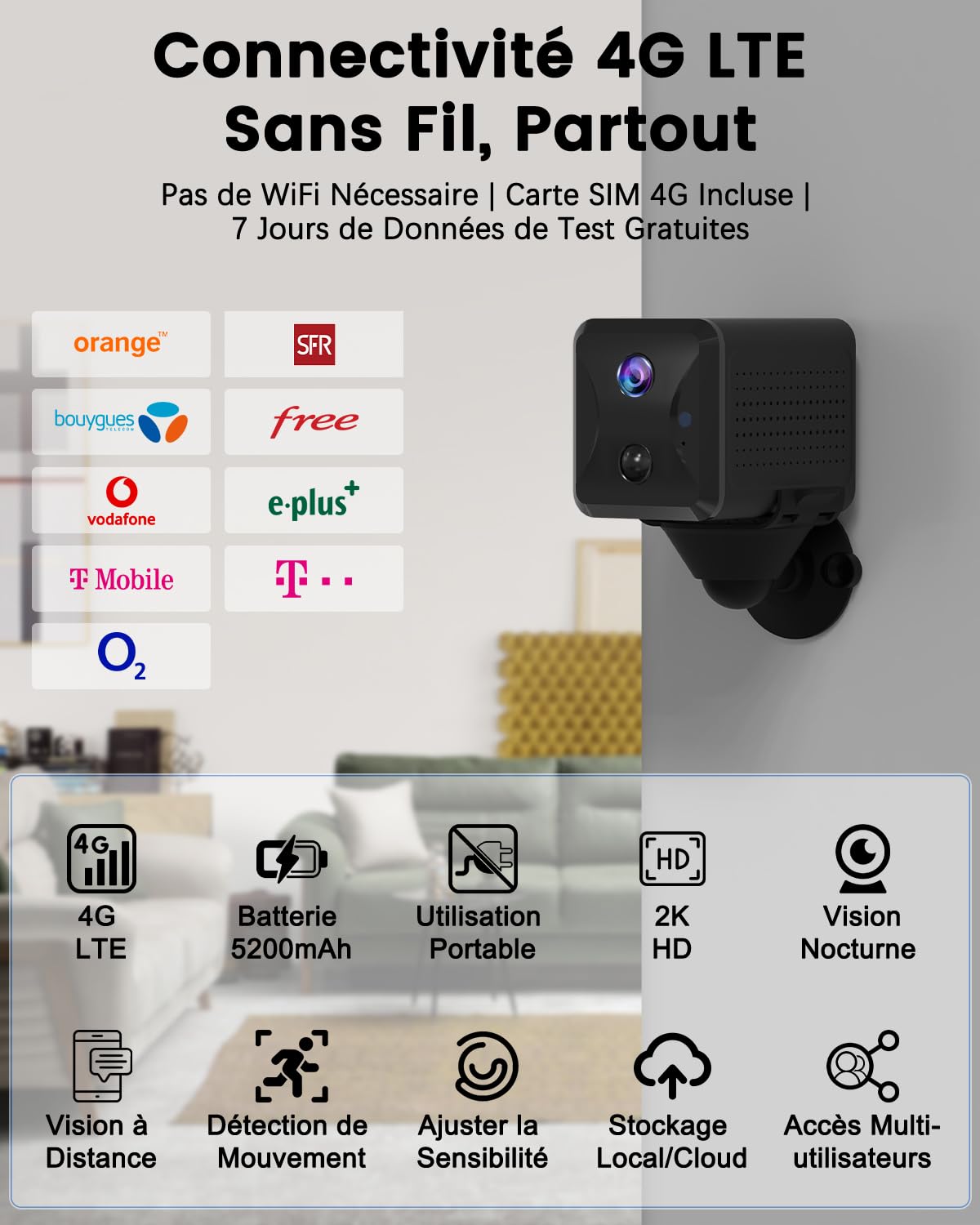 UCOCARE Camera de Surveillance sans Internet, Camera 4G Carte SIM | 2K HD Portable, Accès à Distance, Angle 160°, Batterie 5200mAh, Détection Mouvement AI, Alerte, Vision Nocturne