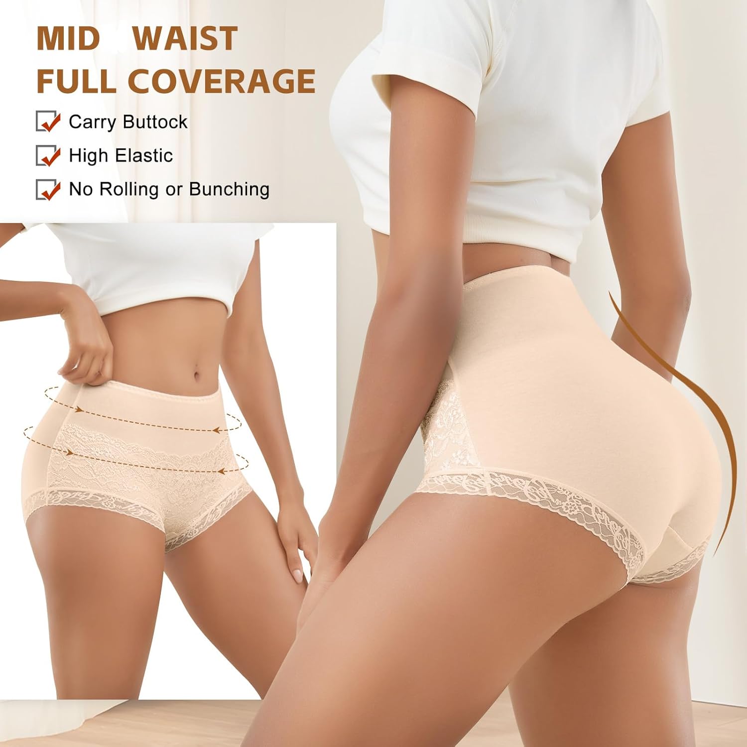 Womens Mid Waisted Cotton Underwear Soft Lace Stretch Paintes Comfort Breathable Full Coverage Ladies Brief Multipack - Image 2