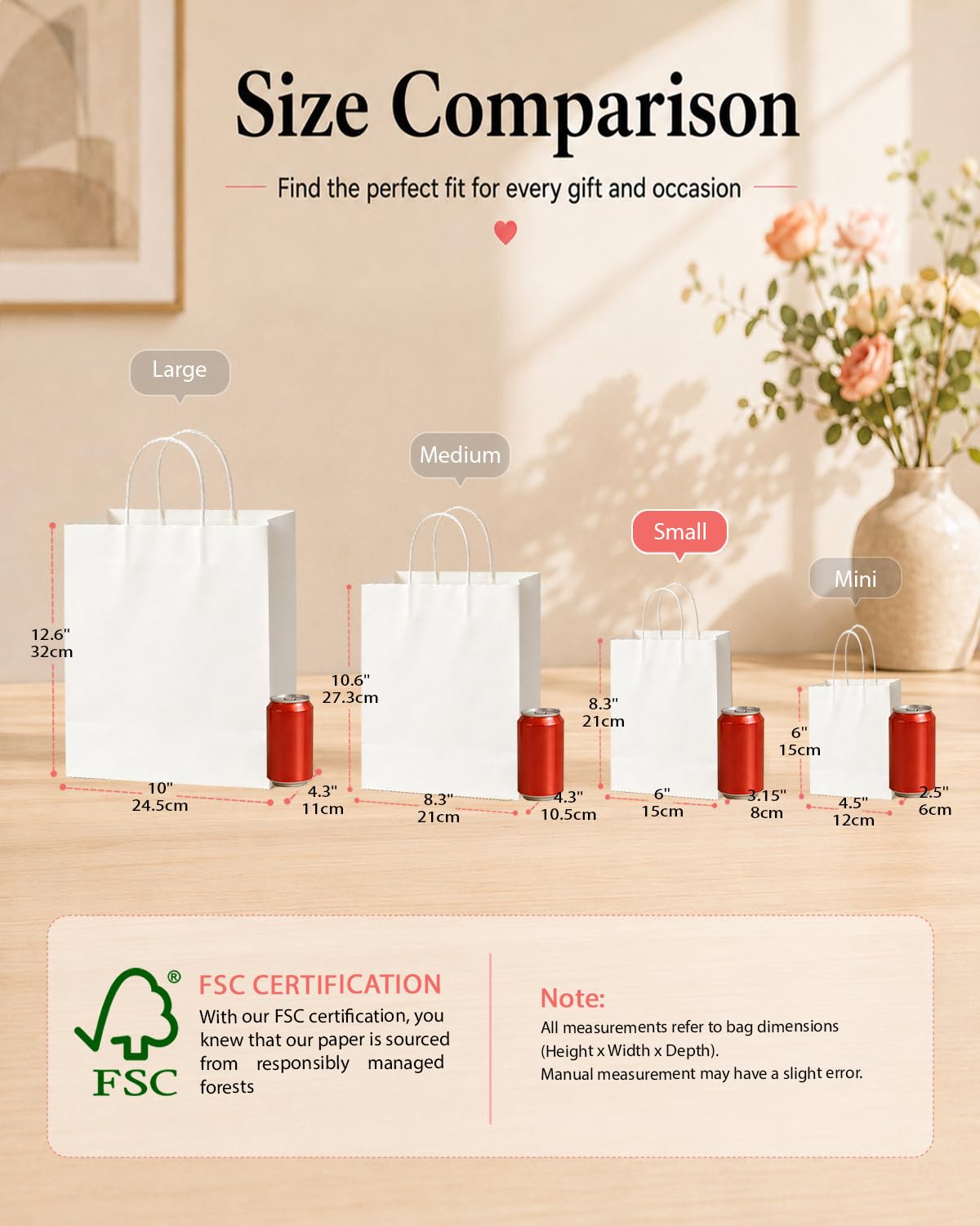 Bakepacker 60 sztuk małych torebek papierowych na prezenty z uchwytami luzem 21 cm x 15 cm x 8 cm białe torby na zakupy typu kraft