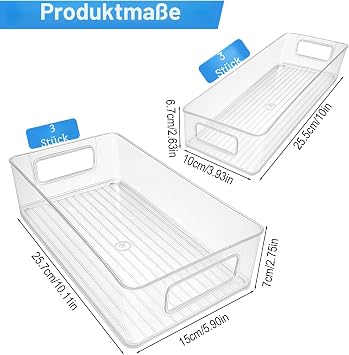 Fridge Organiser 6 Pieces (2 Sizes) Stackable Storage Box with Handle Transparent Storage Container for Fridge Kitchen Cupboard and Drawer BPA-Free