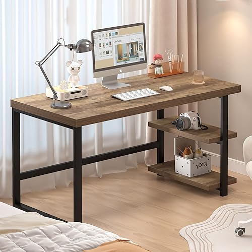 Miniatura 5 de FOLUBAN Escritorio para computadora, escritorio de oficina en casa de madera y metal con estantes de almacenamiento, pequeña mesa de escritura de