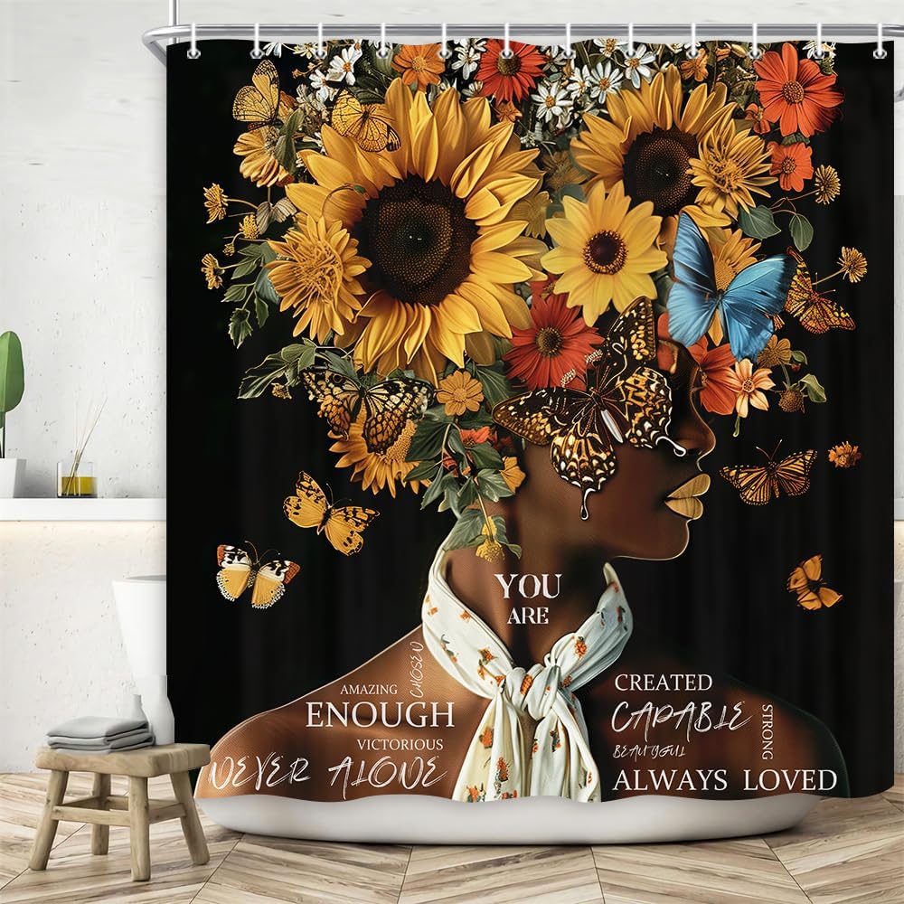 African American Shower Curtains Vintage Sunflower Flower Black Girl Shower Curtain Positive Confident Women Bath Curtain Waterproof Polyester Fabric Bathroom Accessories Decor with 12 Hooks, 70X85