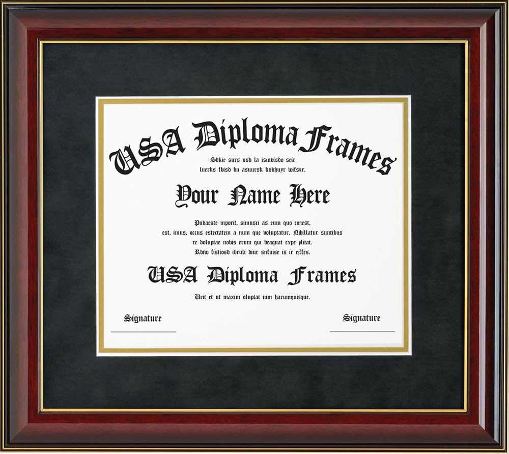 USADiplomaFrames Glossy Cherry Mahogany with Gold Trim Diploma Frame & Black Suede Matting (ONLY fits 11x14 documents or certificates)