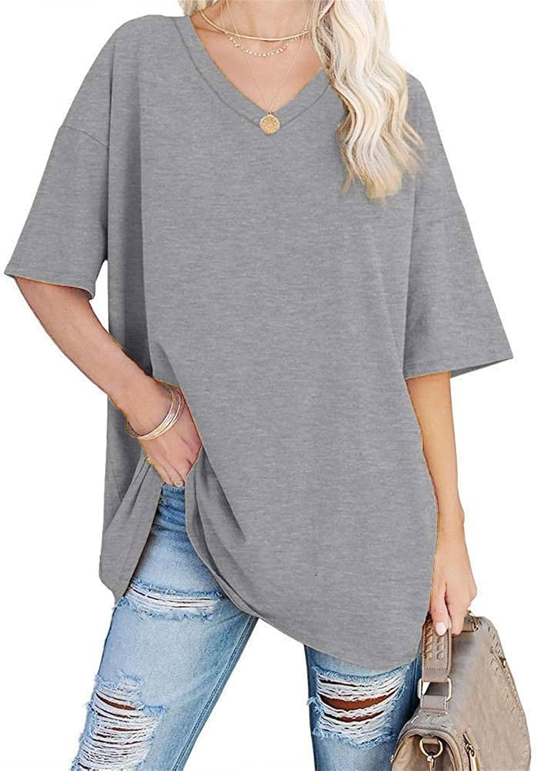 Women's Half Sleeve Oversized T Shirts V Neck Cozy Comfy Tunic Summer Tops Casual Loose Fit Cotton Tops