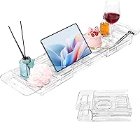 onannos Expandable Clear Acrylic Bathtub Tray Caddy - Foldable Slip-Resistant Tub Shelf with Phone Holder for Relaxing Spa Baths