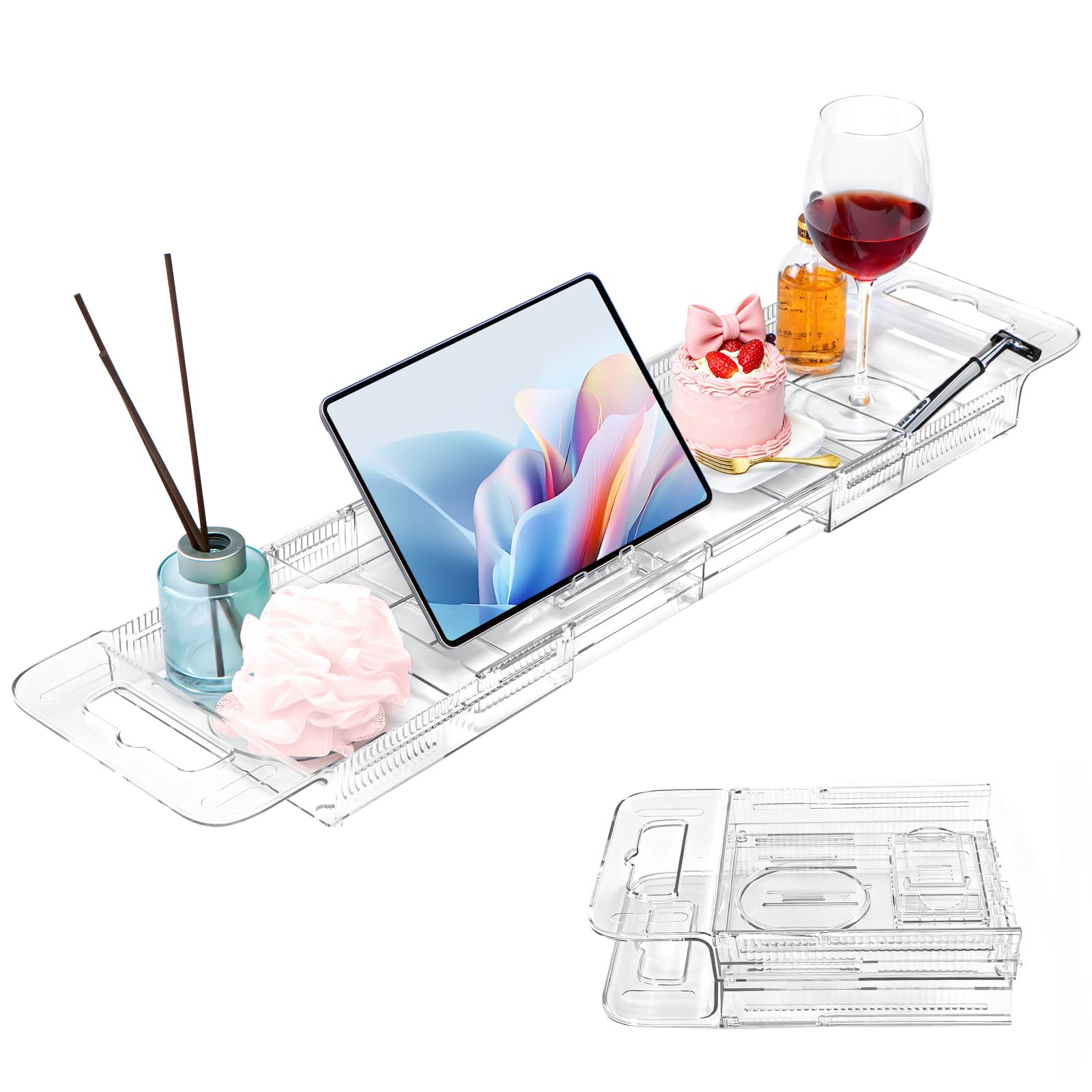 Photo 1 of Expandable Clear Acrylic Bathtub Tray Caddy, Foldable Tub Bath Tray with Drain Slots, Slip-Resistant Waterproof Bathroom Shelf Caddy & Home Spa Gift for Women