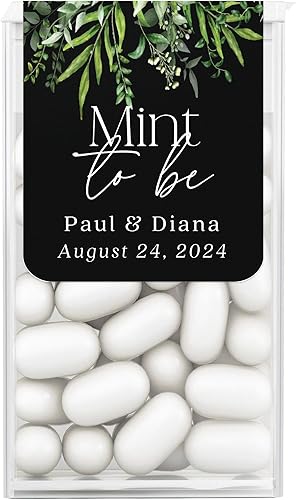 Vista 5 de 25 PCS Personalized Wedding Stickers Labels for Tic TACS Mints, Black & Eucalyptus Custom Mint to Be Gift Stickers with Greenery Flower Branch