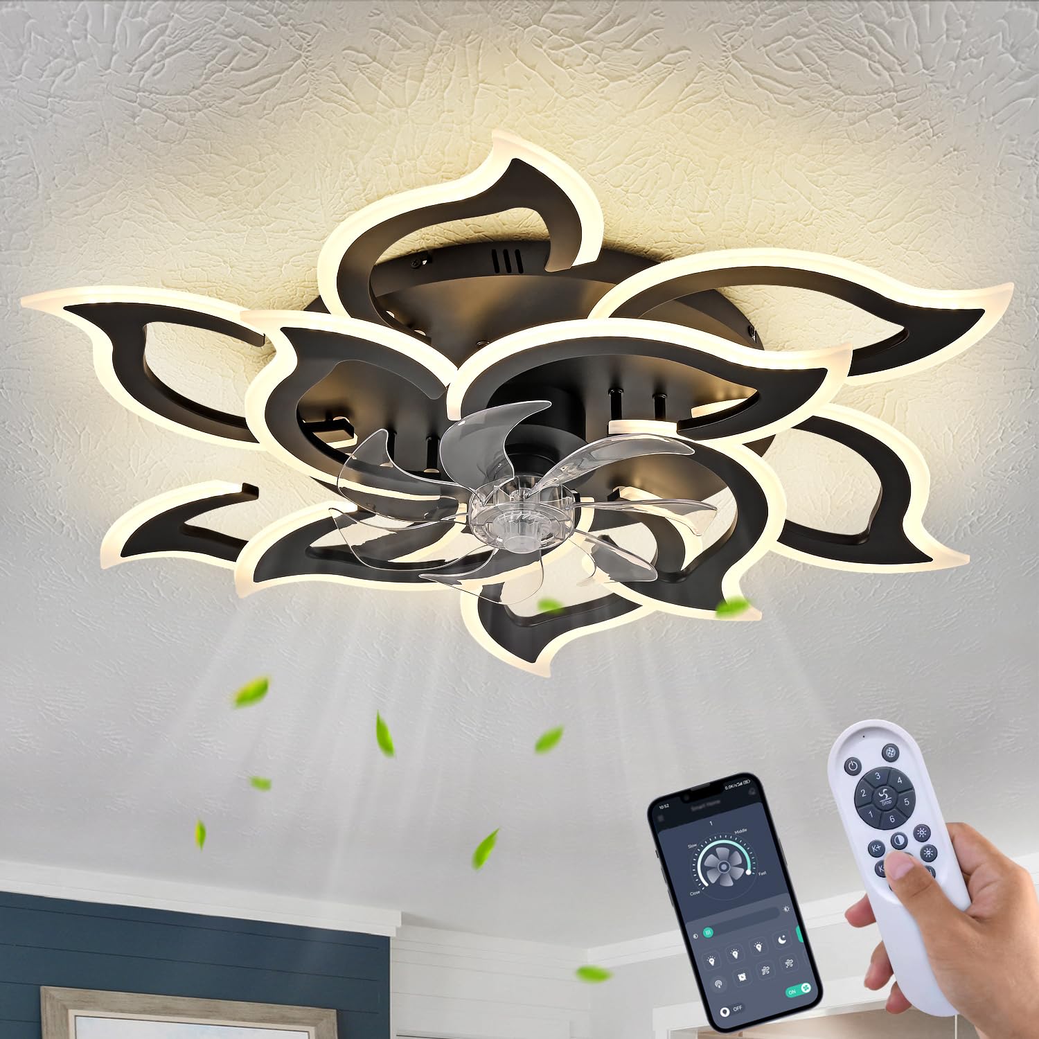 LiuShine Modern LED Ceiling Fan Light with Remote Control 6-Speed Settings, Timer Function, Ultra-Quiet Operation Floral Design, dimmable recessed Ceiling Fan Light Ideal for bedrooms, Living Rooms