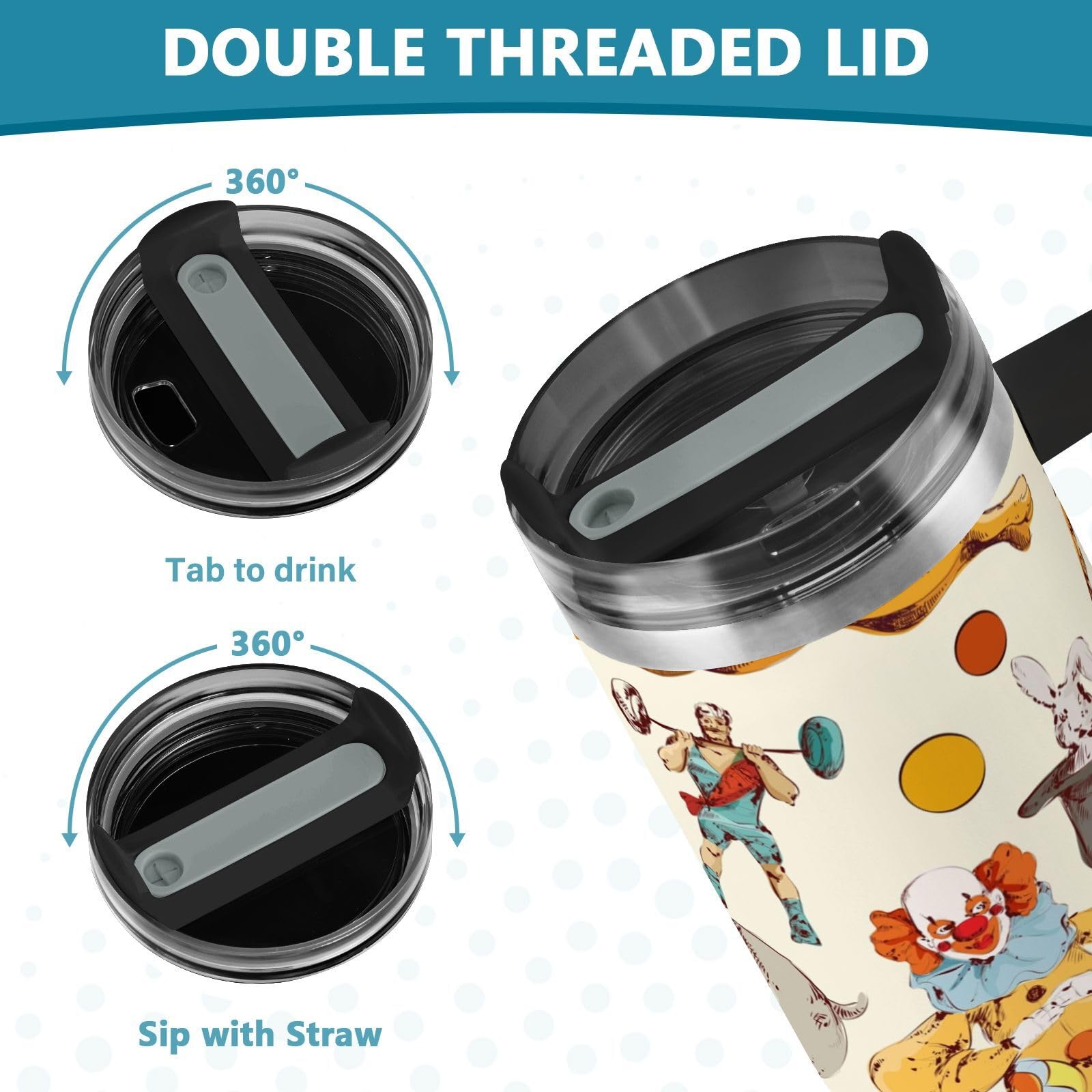 Isolierter Trinkbecher Vintage Zirkus Clown doppelwandig Edelstahl Wasserflasche Kaffeetasse Reisebecher mit Griff Strohhalm Deckel