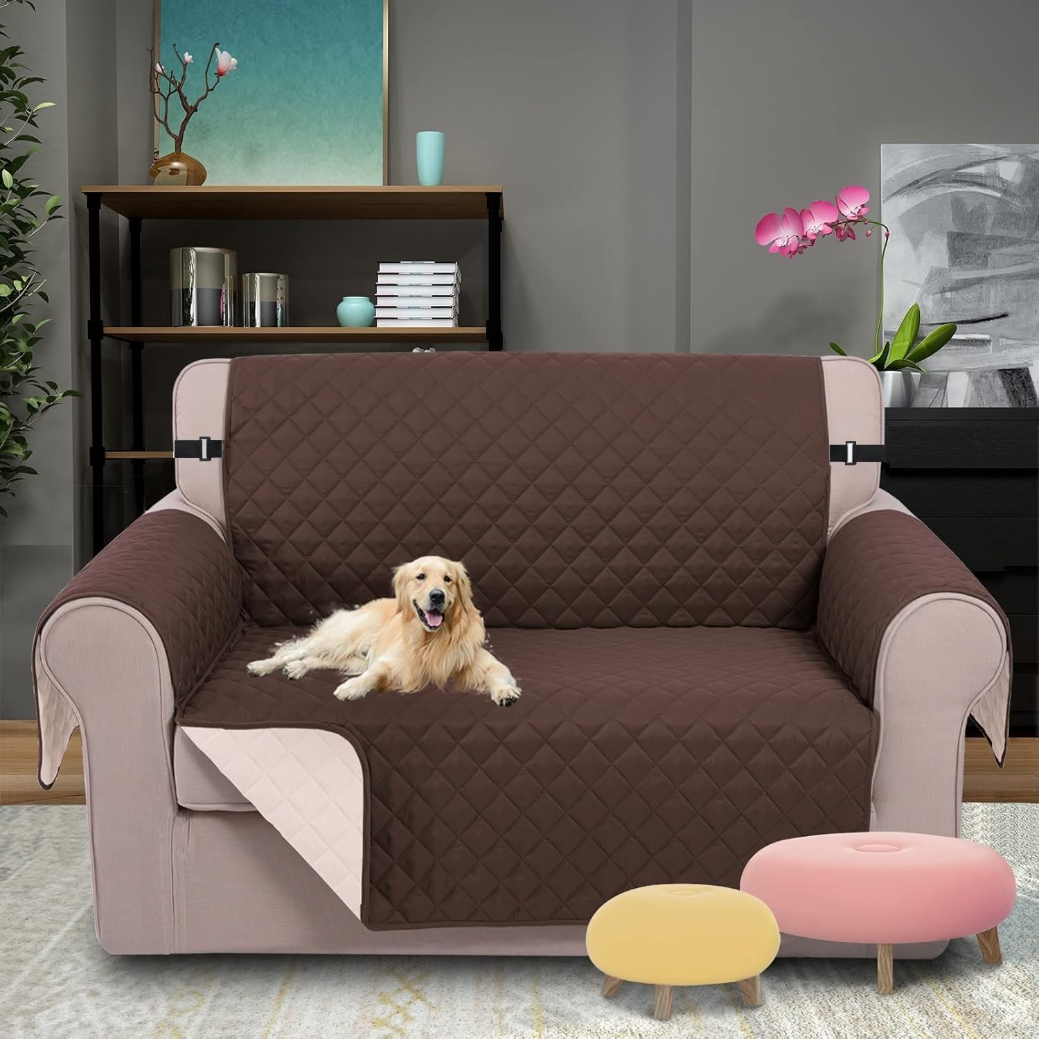 KRISHYAM® 2 Seater Sofa Cover-Waterproof Sofa Cover with Armrests, Universal Sofa Cover Protects Sofa from Cats Dogs Scratches Non-Slip (Coffee, 2 Seater)-image-23