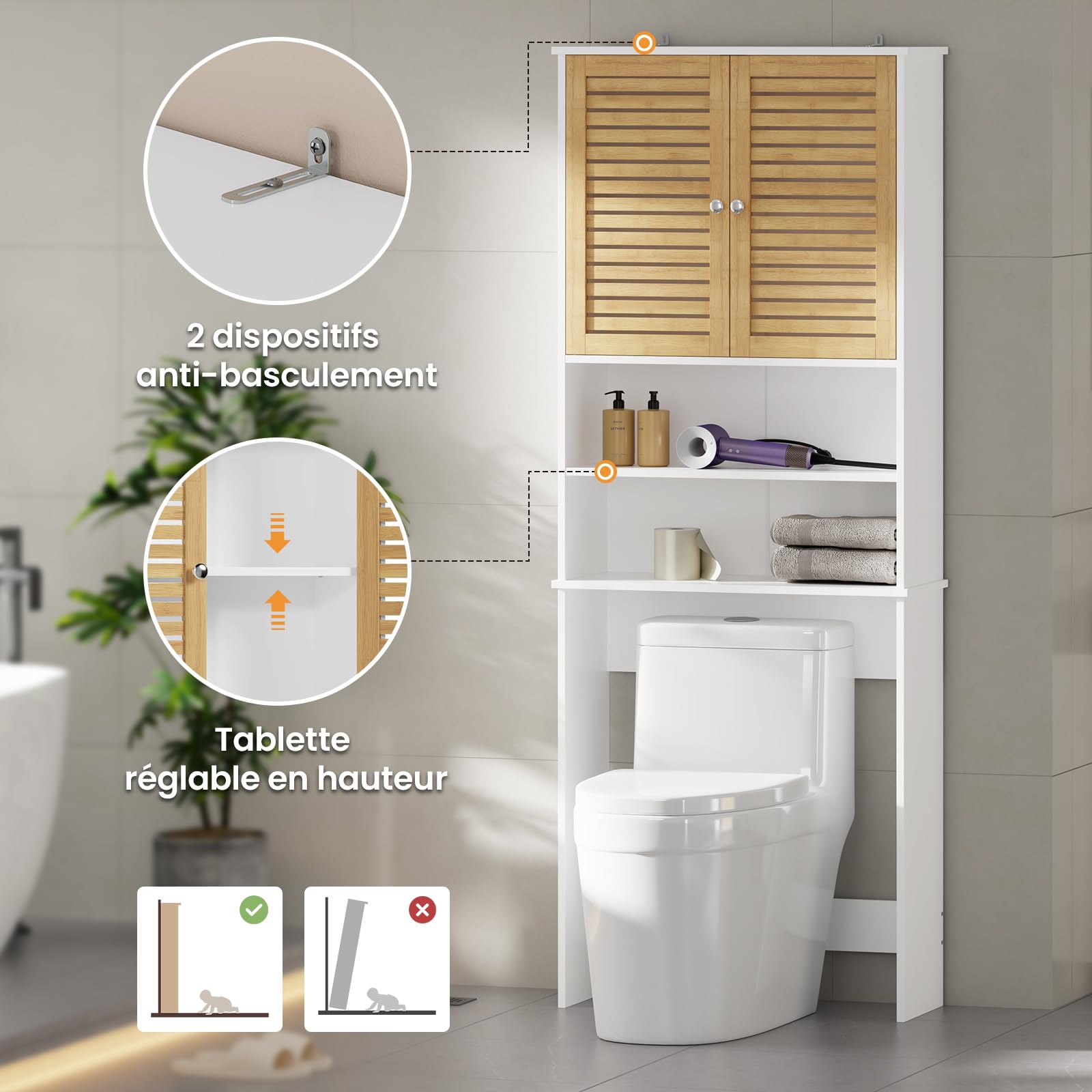 Meuble Machine à Laver, Armoire Dessus Toilette avec 2 Compartiments Ouverts, Espace Derrière 2 Portes en Bambou, Meuble WC Rangement avec Étagère Réglables, 185,5 x 65 x 24 cm