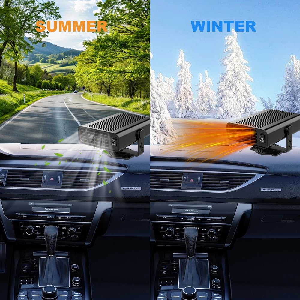 Chauffage Soufflant de Voiture, 12 V 120 W Chauffage de Voiture, 2 en 1 Chauffage Voiture Pivotant à 360°Désembueur et Dégivreur avec Base Rotative, Allume Cigare pour Pare-Brise de Voiture