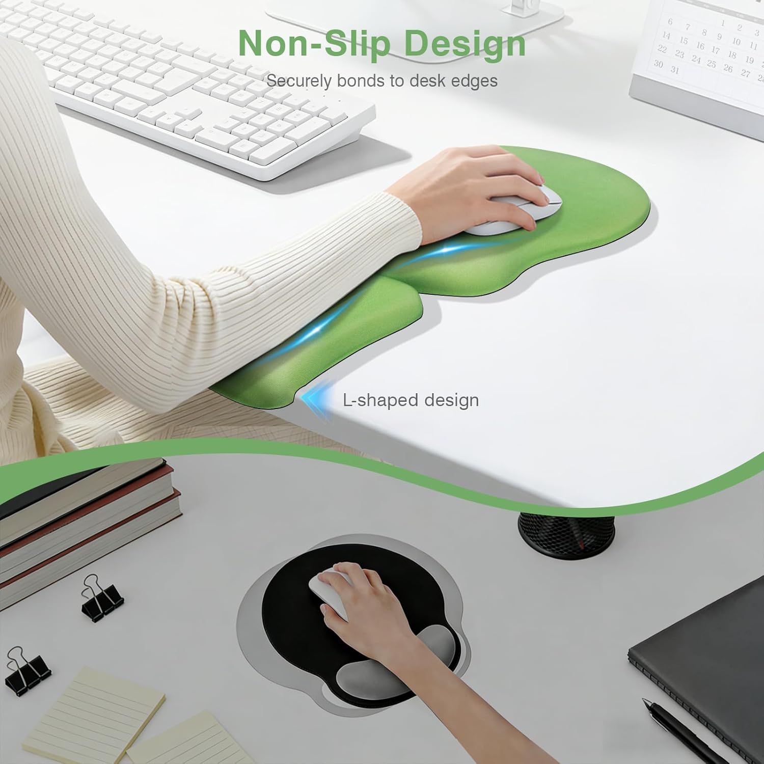 Ospelelf Mouse Pad with Wrist Rest Set Foam L-Shaped Desk Elbow Pad Ergonomic Desk Edge Cushion Anti-Slip Rubber Bottom Office Women Desk Accessories for Computer, Laptop and Gaming, Dark Green