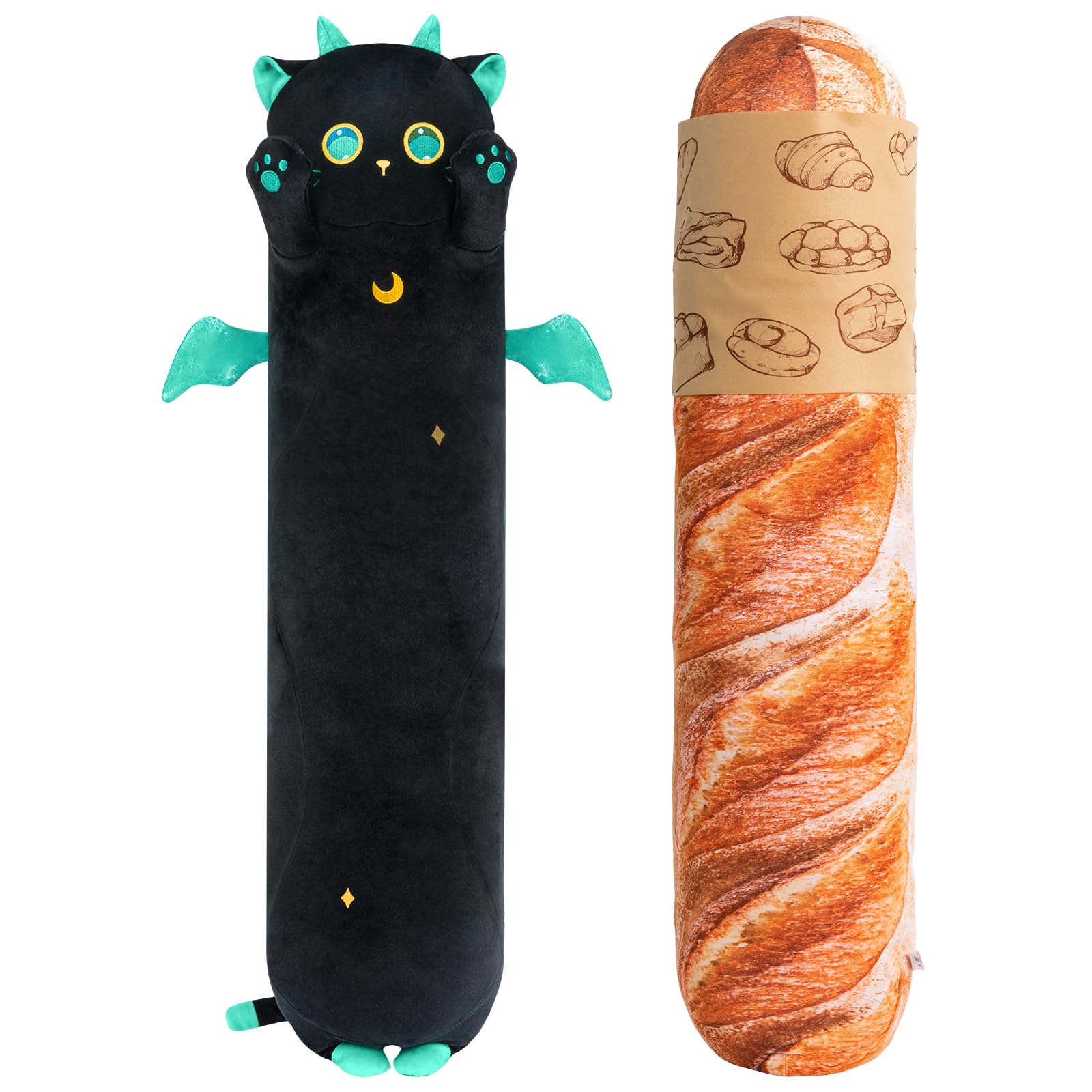 Mewaii 2 Pcs Long Plush,44 Inch Black Big Eyes Kitten Plush Toys Plush Pillow + 44 Inch 3D Simulation Bread Plush Pillow