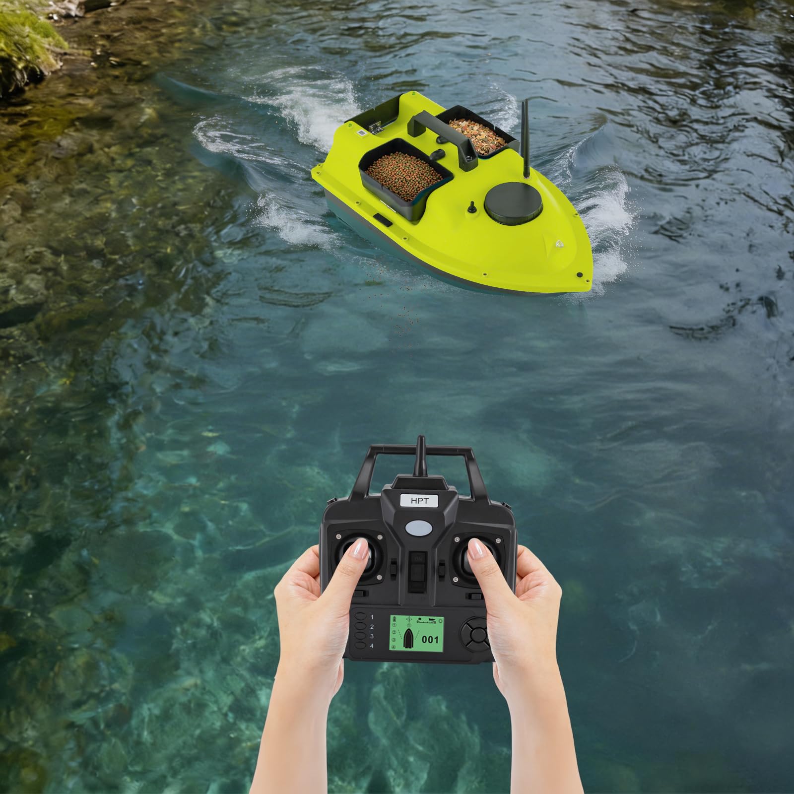 Barca per mangimi a distanza, 600 m, con GPS e ritorno automatico, 99 posizioni, barca RC, 2 batterie da 5200 mAh, 90 min, capacità di 1,5 kg, in ABS, impermeabile, per pesca, carpe, luccio