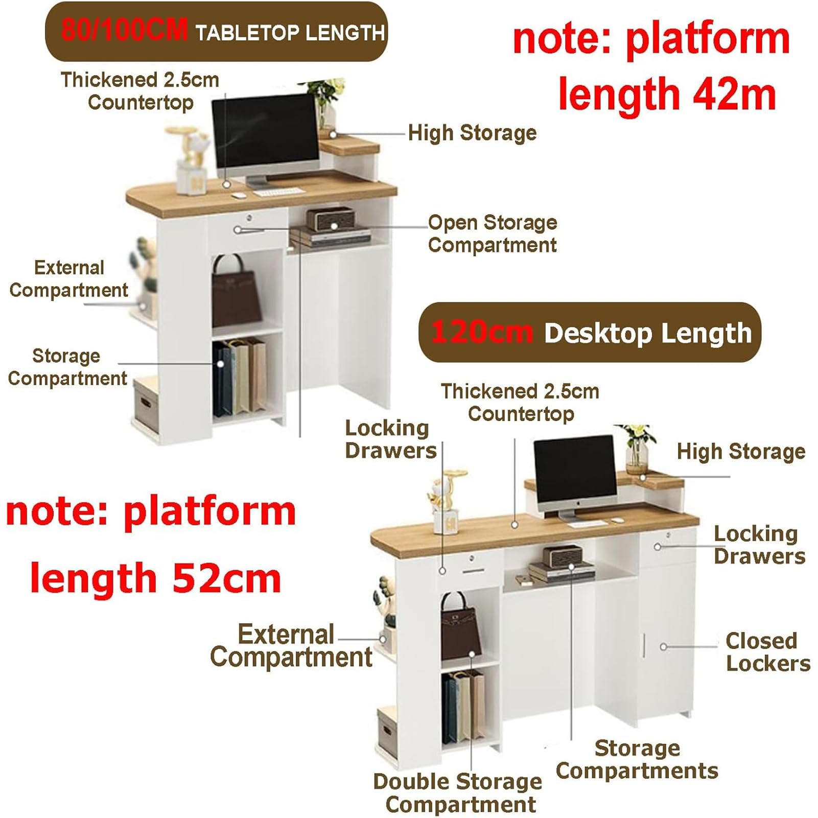 Escritorio moderno con cajas Der and Sto, mesa de caja registradora para oficina, salón, negocios o cafetería, altura izquierda 120 cm, amplio espacio