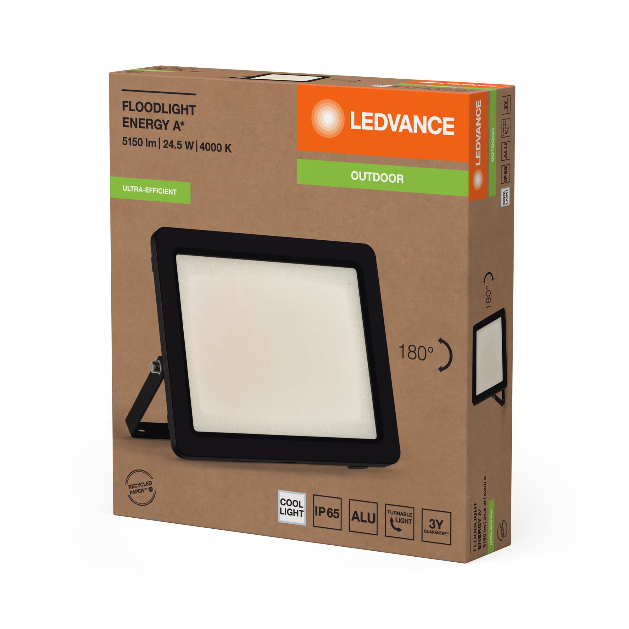 LEDVANCE Proiettore LED con classe di efficienza energetica A, alloggiamento in alluminio nero, 24,5 W, 4600 lm, per applicazioni esterne, design compatto, leggero, facile installazione