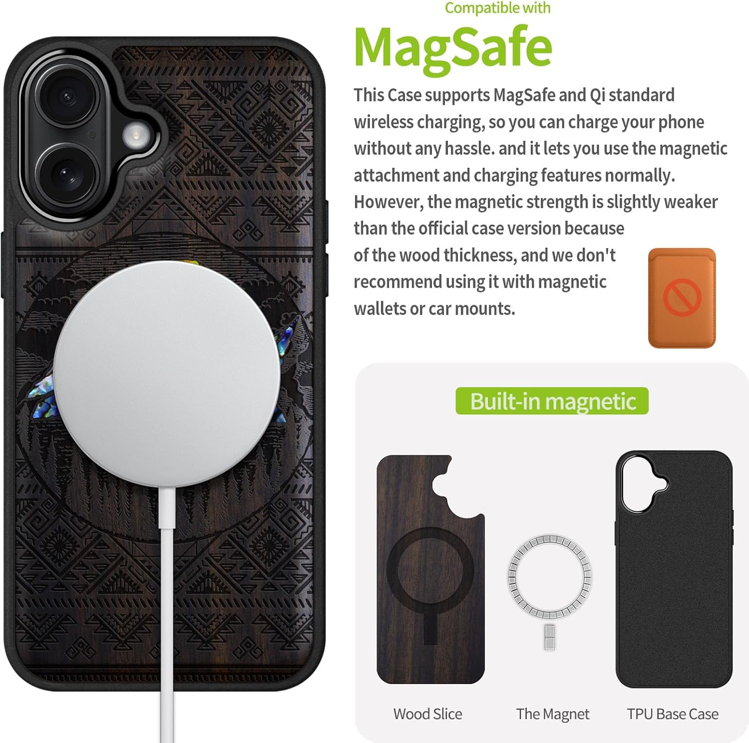 Carveit Magnetic Wooden Case for iPhone 16 Case, Wood Artisan Engraved & Handmade Shell Inlaid, TPU Shockproof Cover, Compatible with MagSafe Wireless Chargers (Aztec Style Alpine Lakes) Blackwood