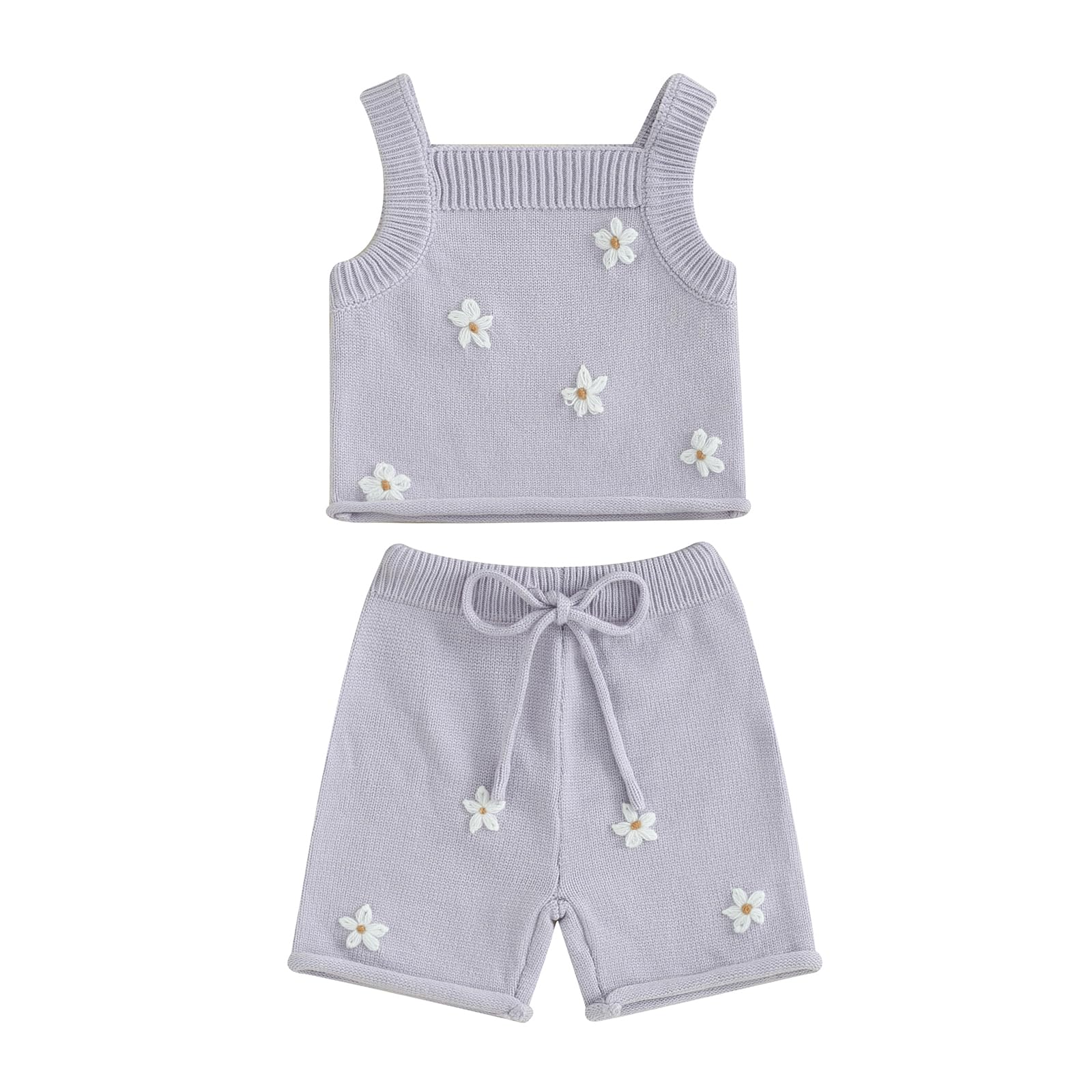 BULINGNA Toddler Baby Girl Summer Clothes Knitted Sleeveless Tank Tops Floral Embroidery Shorts 2Pcs Baby Knit Outfits (Purple, 3 Years)