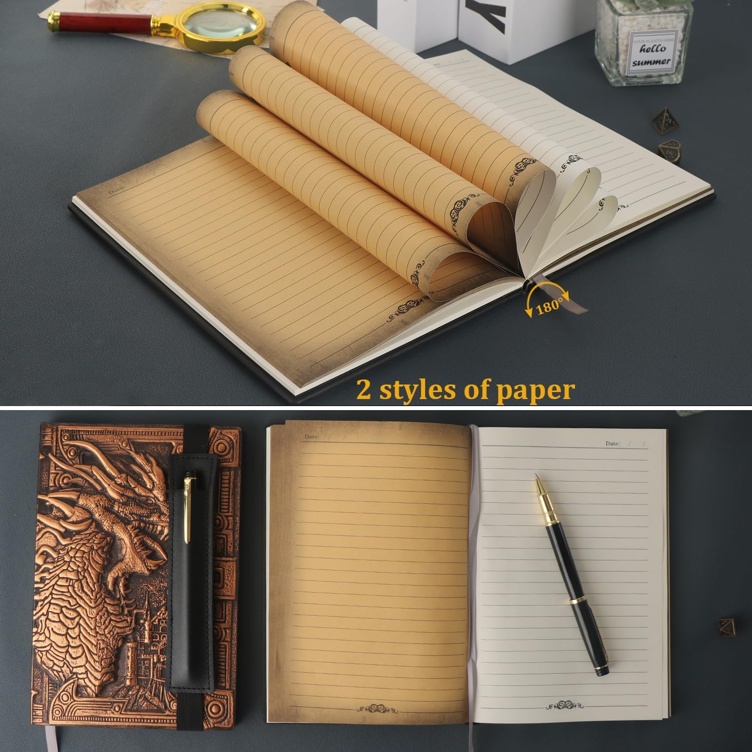 FEIDIAO 2Pcs Vintage Embossed Leather Notebooks,DND Notebook Travel Journal with 2 Ballpoint Pens and 2 Pen Sleeves,Handmade A5 Journal,Dungeons and Dragons Gifts for Men&Women (Dragon+Phoenix)